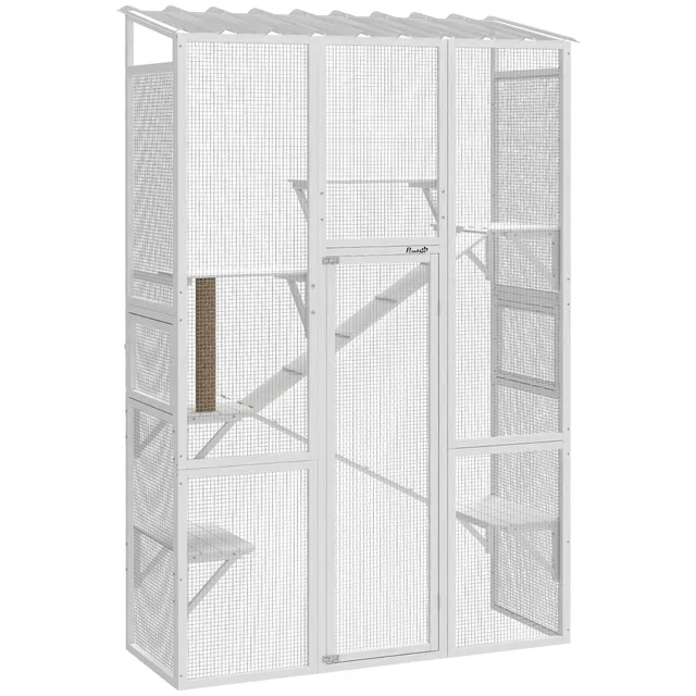 pawhut-grand-catio-ext-rieur-blanc-6-plateformes-rampes-griffoir image 1