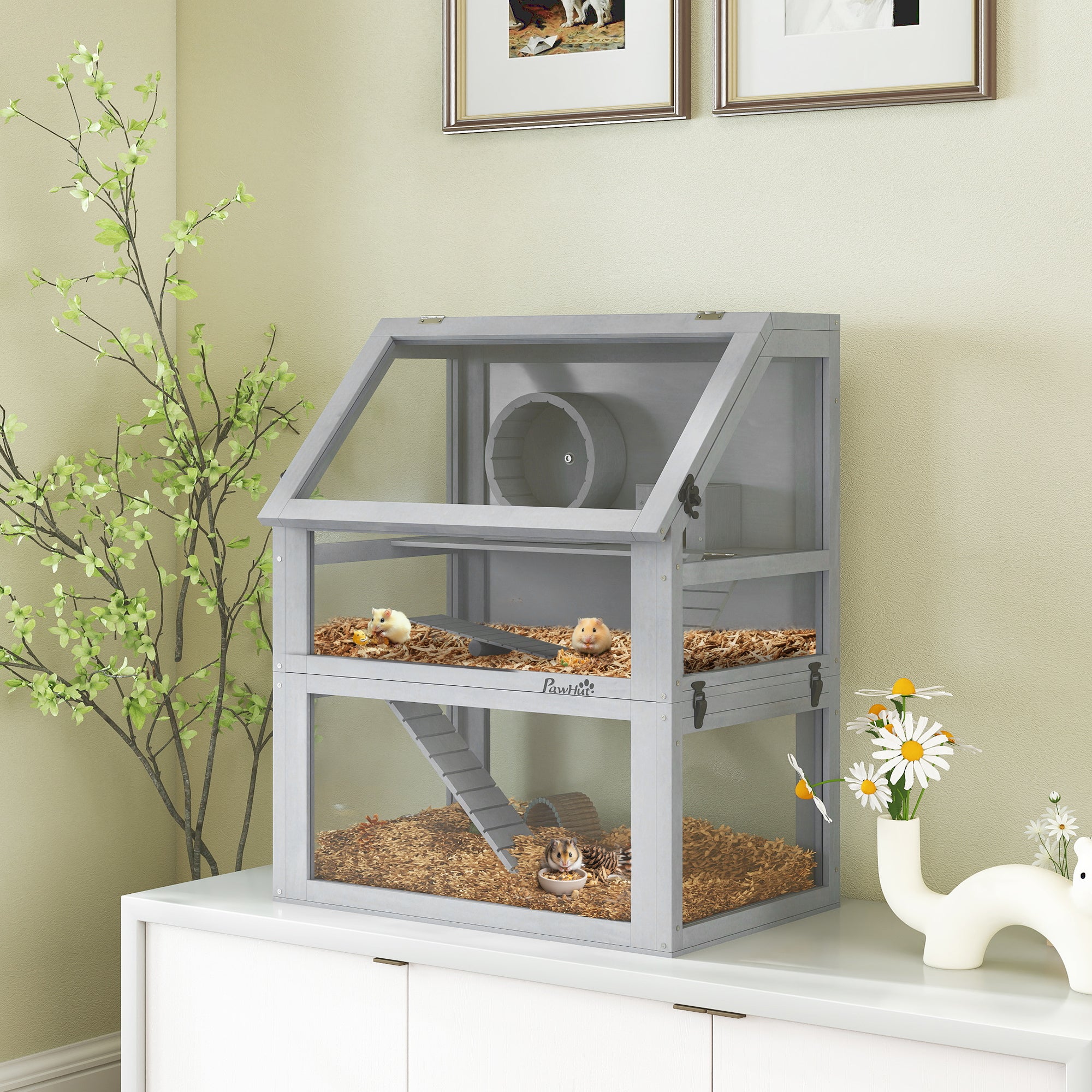 pawhut-cage-pour-hamster-en-bois-3-tages-avec-roue-amovible-et-rampes-61-x-41-x- image 3