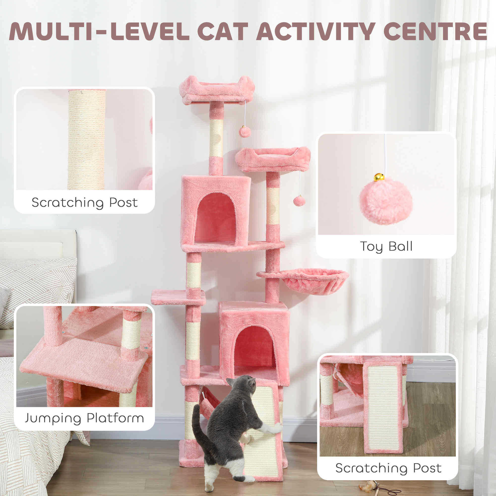 pawhut-arbre-chat-177-cm-2-niches-2-perchoirs-et-hamac-rose image 6