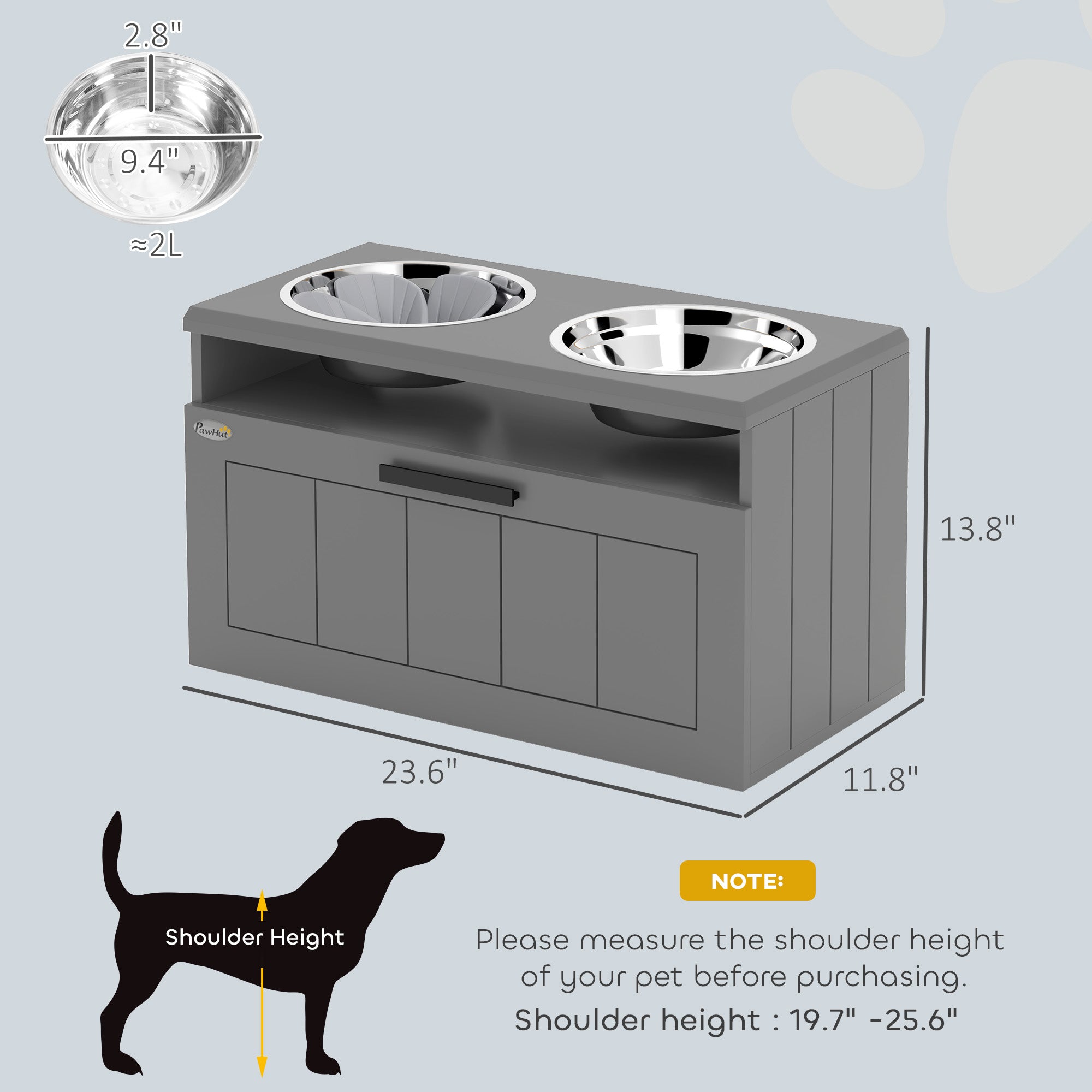 pawhut-station-d-alimentation-sur-lev-e-grise-2-bols-inox-tiroir-25l-et-tapis-sl image 5