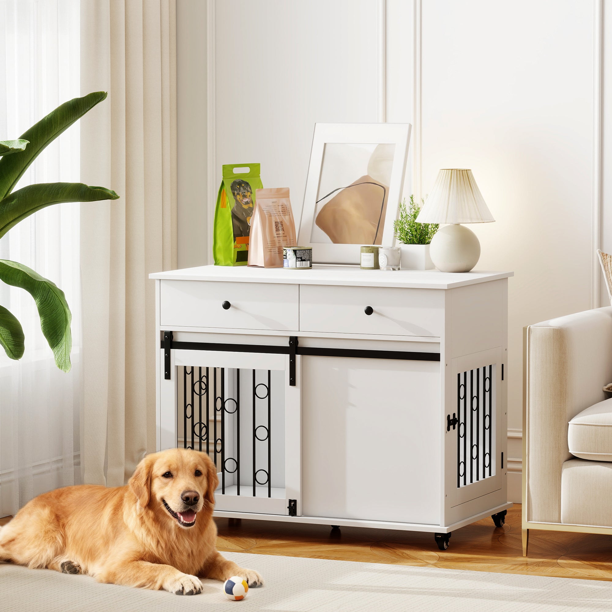 pawhut-meuble-cage-pour-chien-avec-2-tiroirs-roulettes-et-porte-coulissante-blan image 3