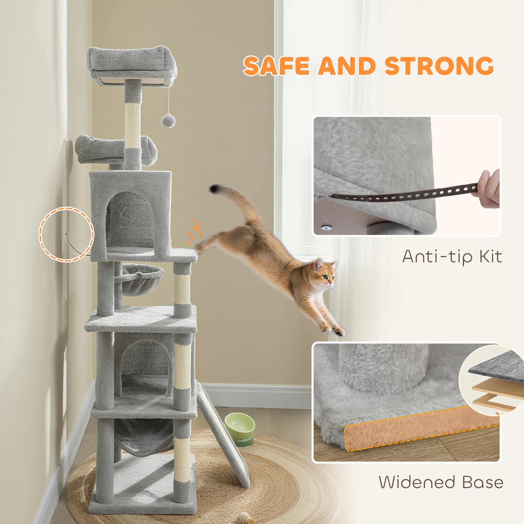pawhut-arbre-chat-177-cm-avec-2-niches-2-perchoirs-et-hamac-gris-clair image 8