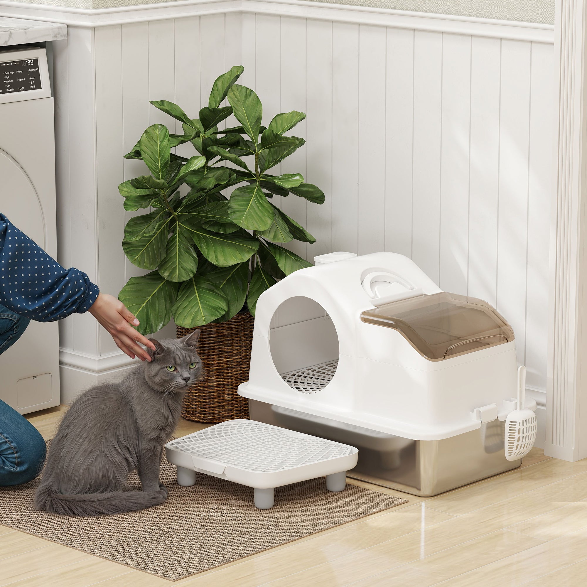 pawhut-bac-liti-re-chat-inox-avec-couvercle-amovible-tapis-et-pelle-blanc-60-5-x image 3