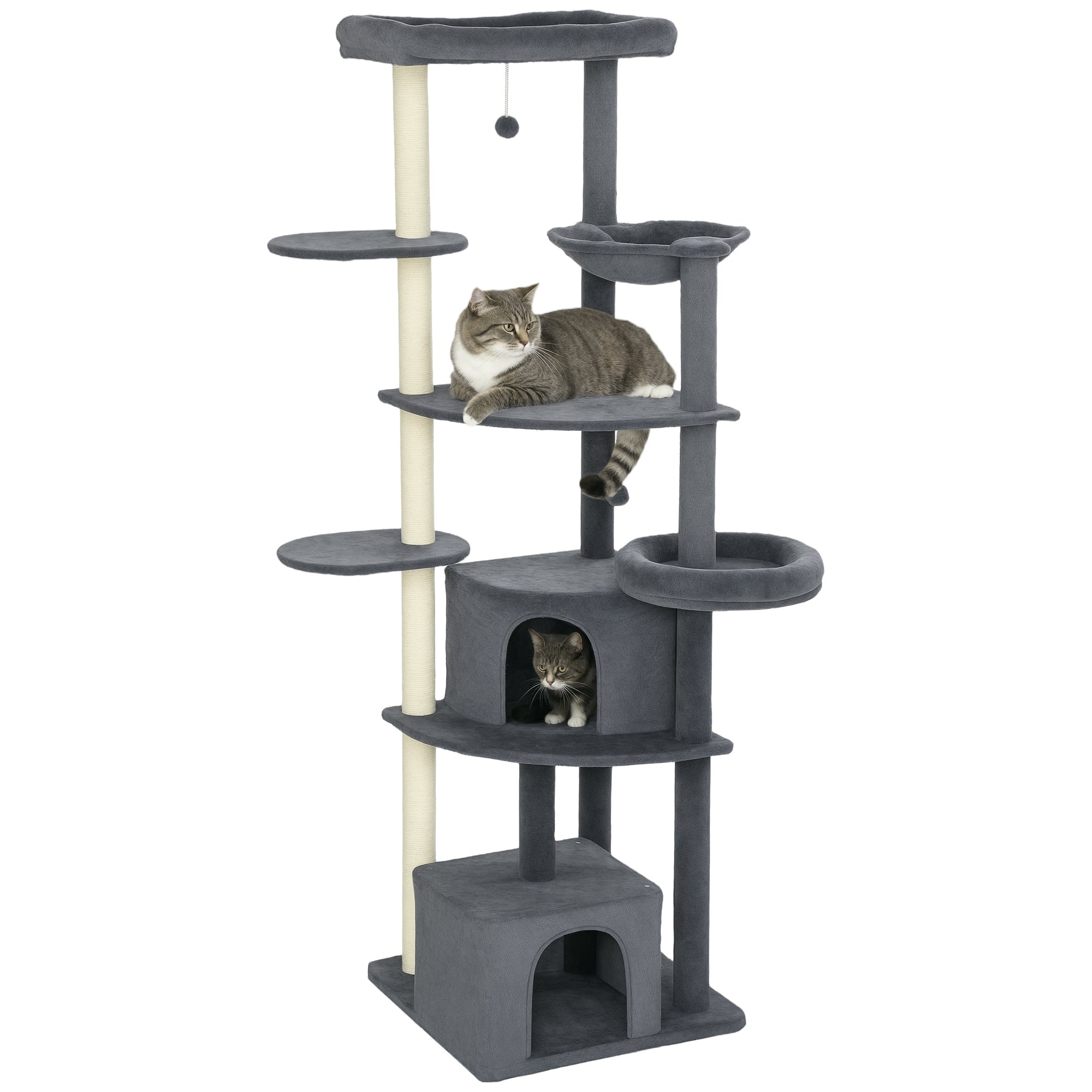 pawhut-arbre-chat-xxl-200-cm-gris-fonc-avec-2-grottes-2-perchoirs-et-hamac image 1