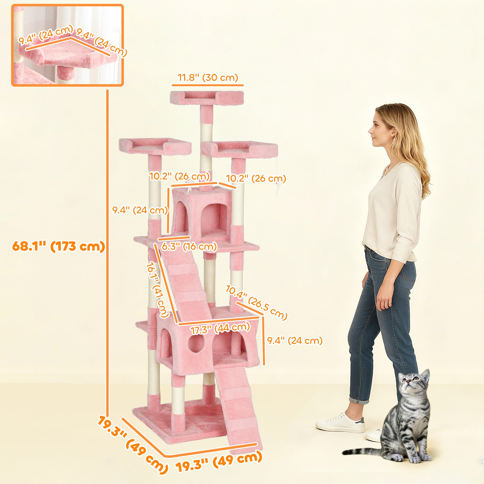 pawhut-arbre-chat-rose-68-multi-niveaux-avec-niches-griffoirs-et-perchoirs image 5