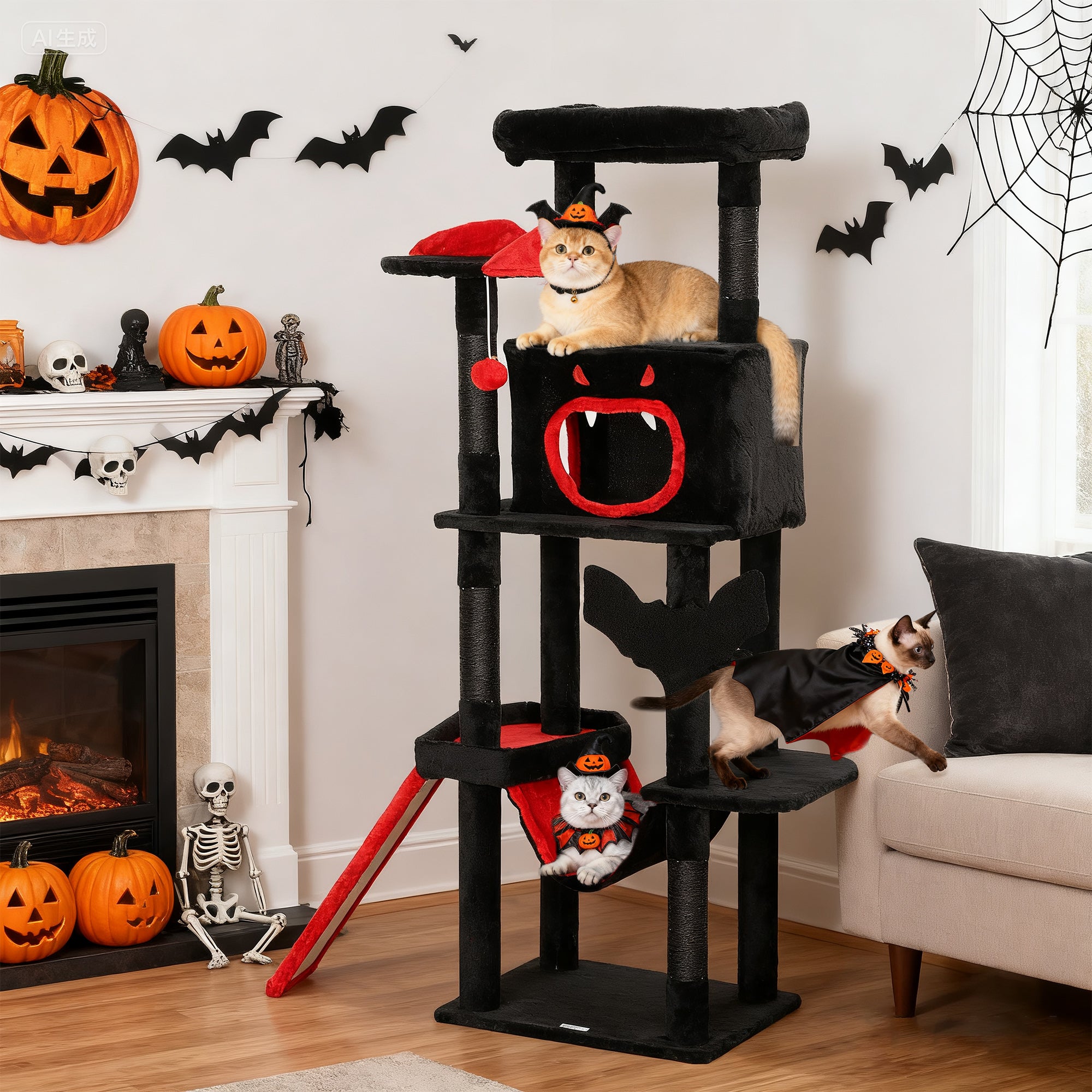 pawhut-arbre-chat-gothique-halloween-hideaway-152-cm-noir-et-rouge image 4