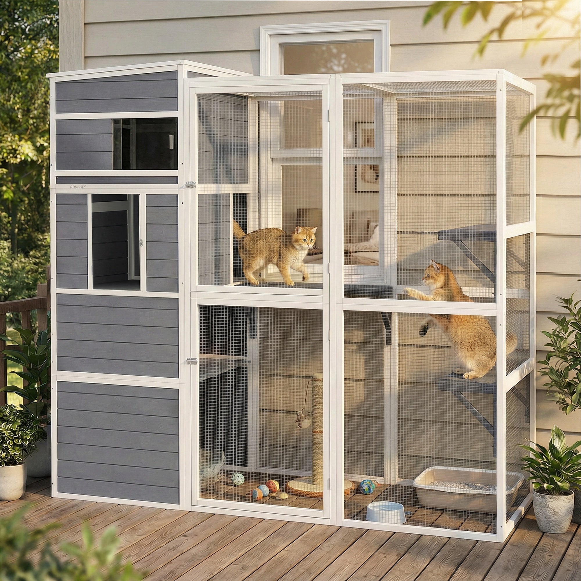 pawhut-catio-ext-rieur-4-niveaux-enclos-chats-avec-parc-gris image 3