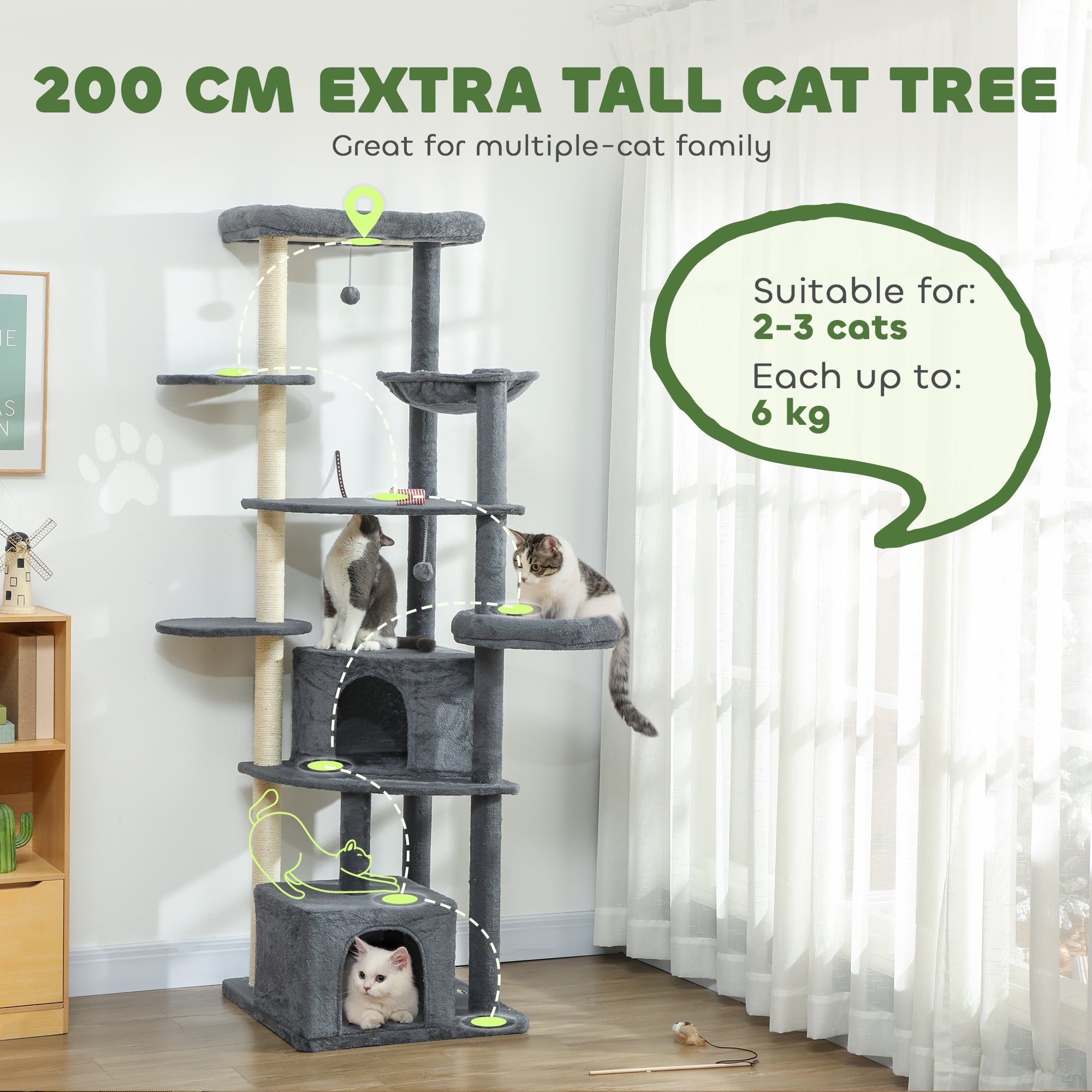 pawhut-arbre-chat-xxl-200-cm-gris-fonc-avec-2-grottes-2-perchoirs-et-hamac image 6