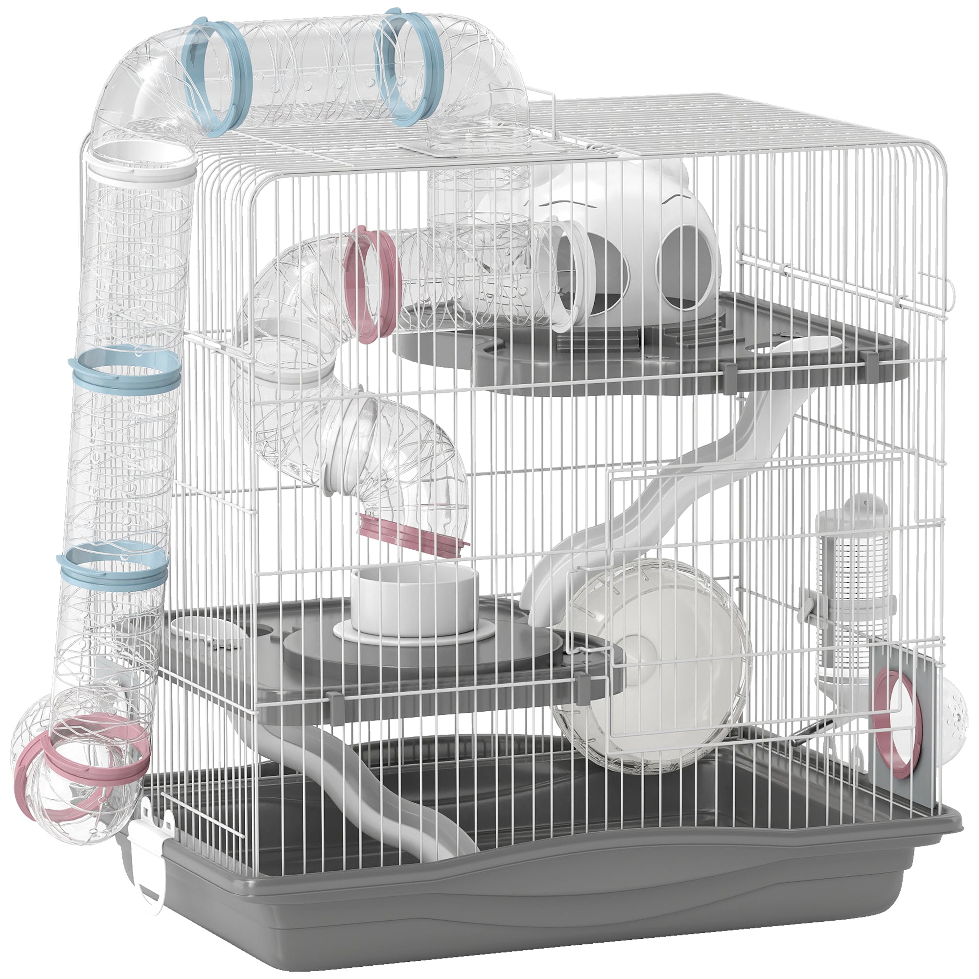 pawhut-cage-hamster-3-tages-avec-roue-tunnels-et-biberon-45-x-30-x-45-cm-gris image 2
