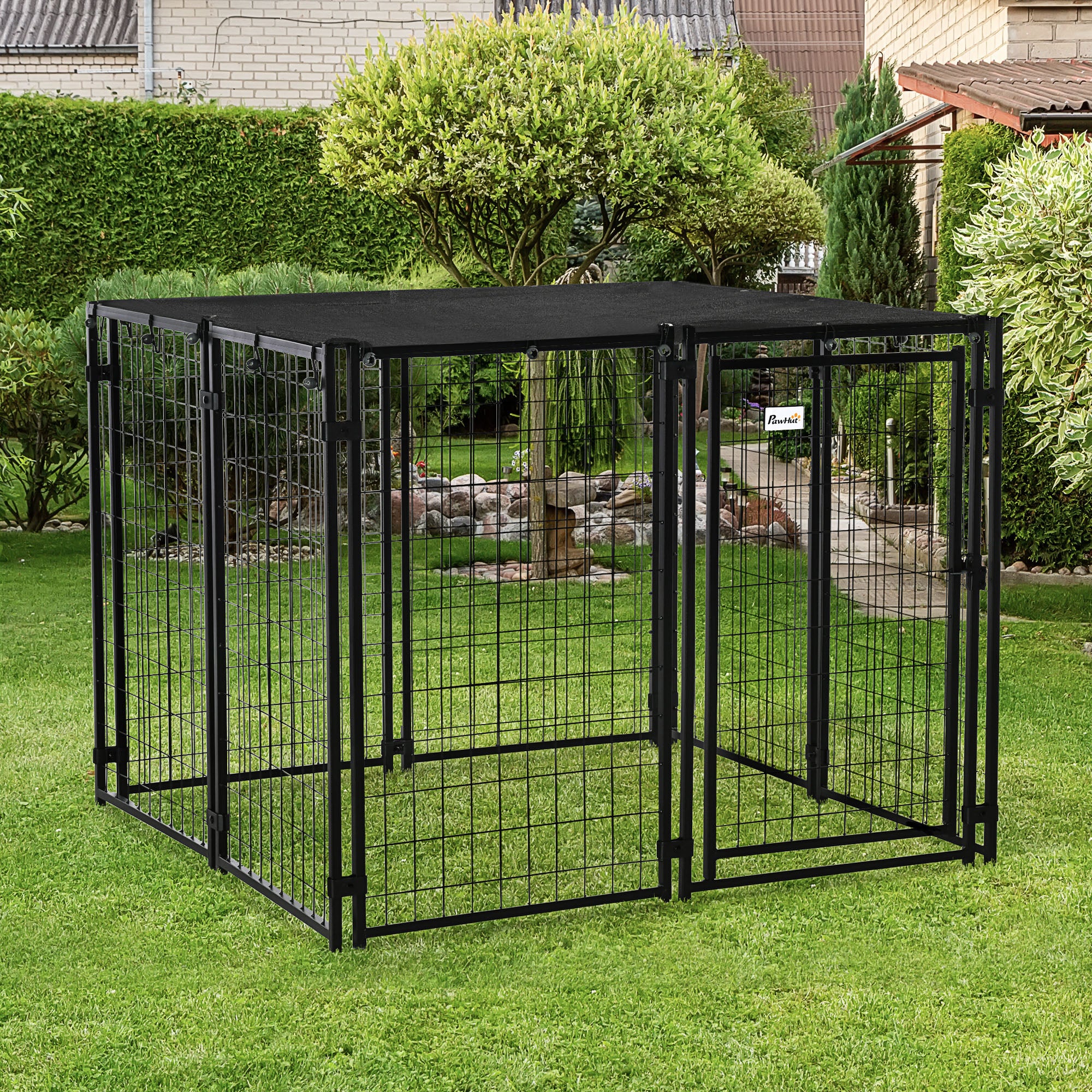 pawhut-enclos-chenil-ext-rieur-chien-avec-toit-et-porte-verrouillable-noir image 4
