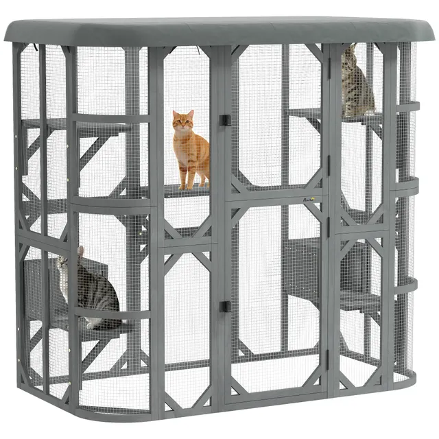 pawhut-catio-enclos-ext-rieur-chat-gris-walk-in-avec-2-niches-5-plateformes-et-h image 1