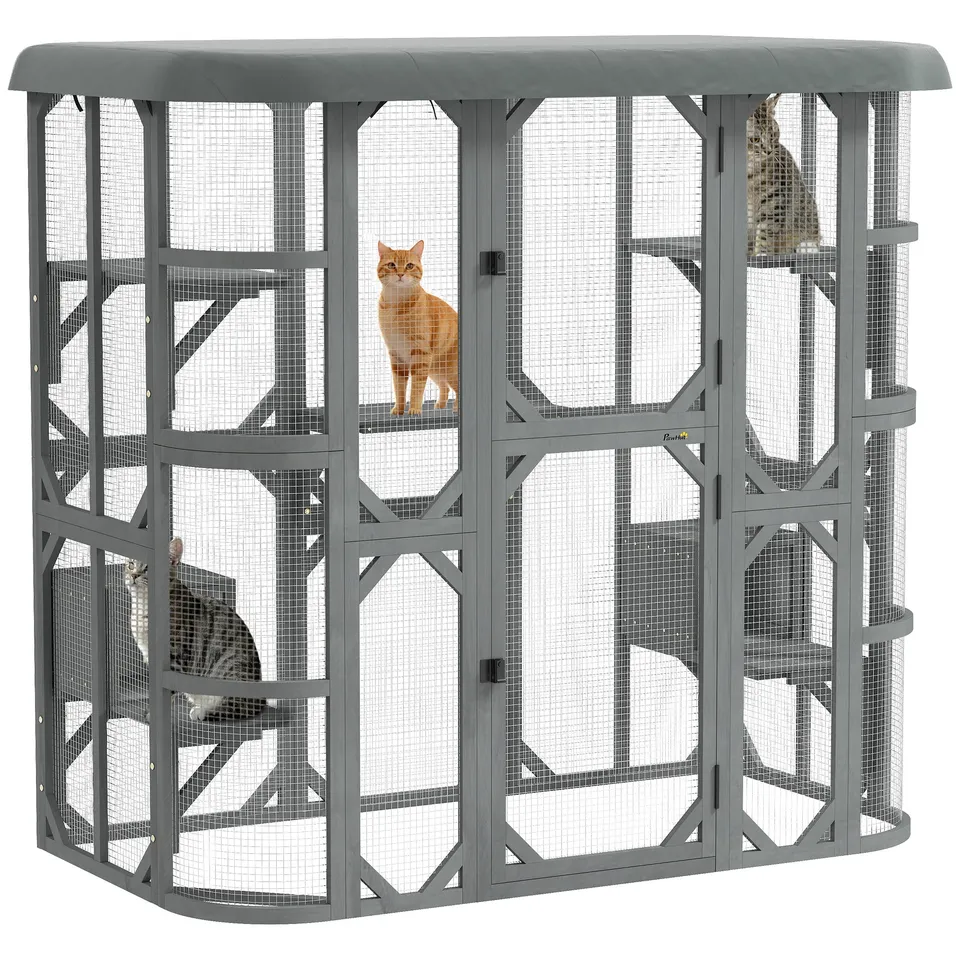 pawhut-catio-enclos-ext-rieur-chat-gris-walk-in-avec-2-niches-5-plateformes-et-h image 1