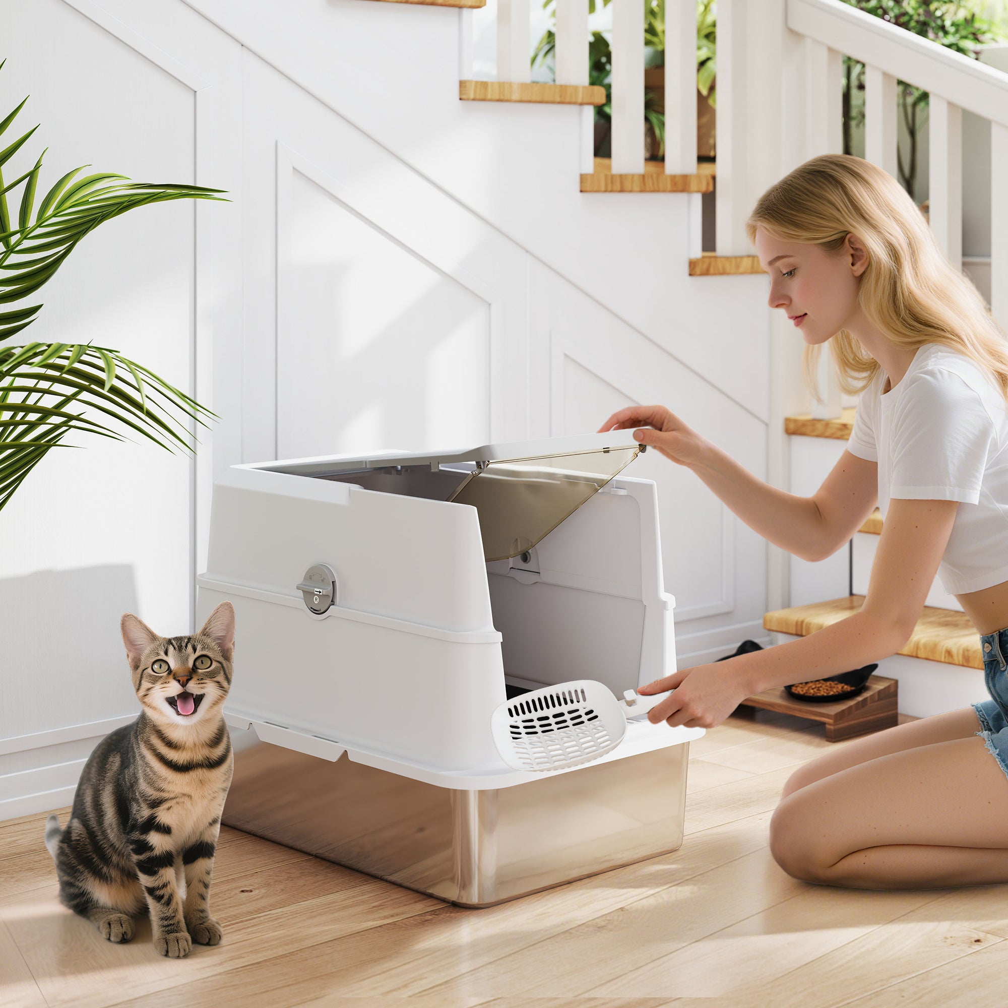 pawhut-bac-liti-re-pour-chat-xl-ferm-en-inox-avec-d-sodorisant image 3