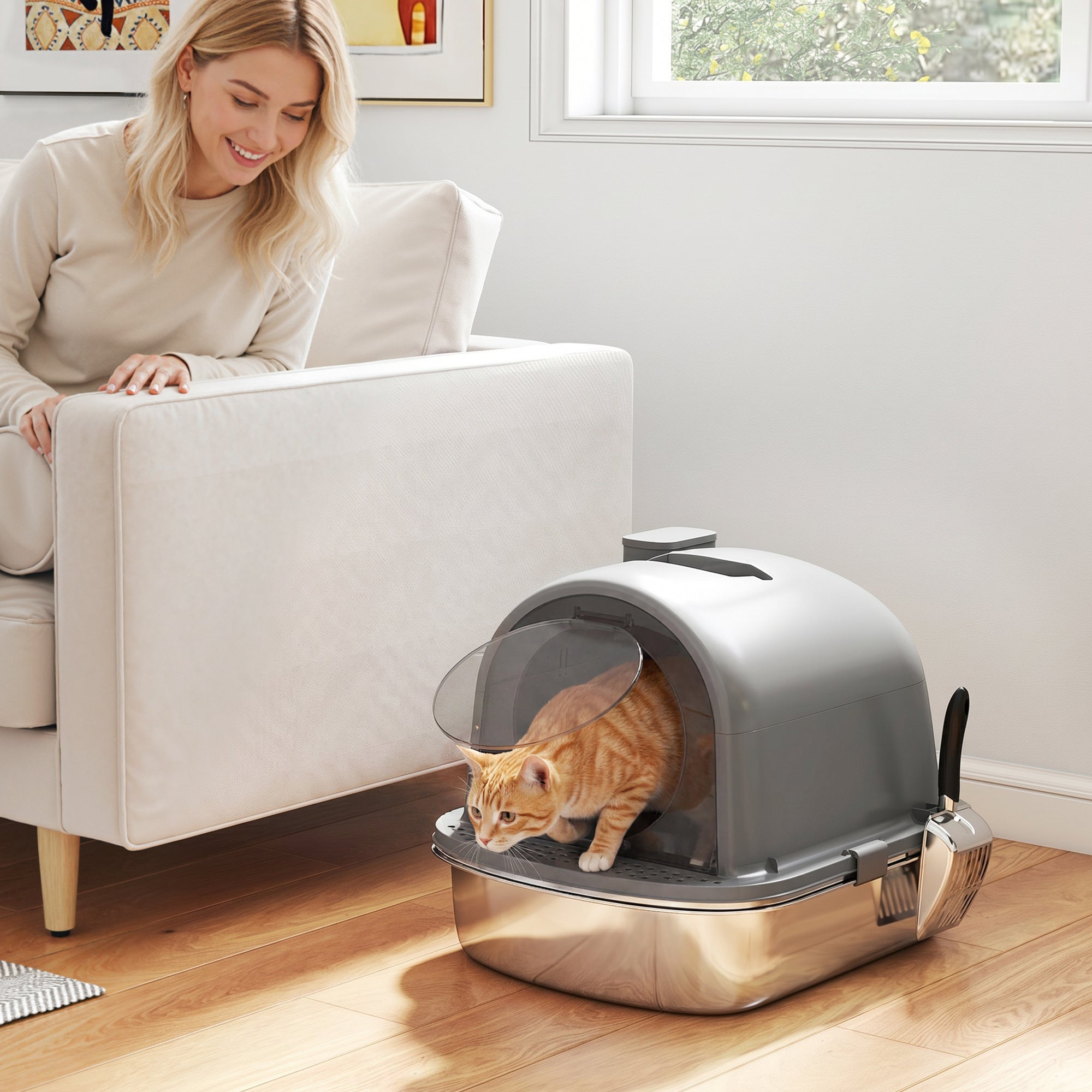 pawhut-bac-liti-re-chat-ferm-inox-avec-couvercle-pelle-et-d-sodorisant-gris-fonc image 3