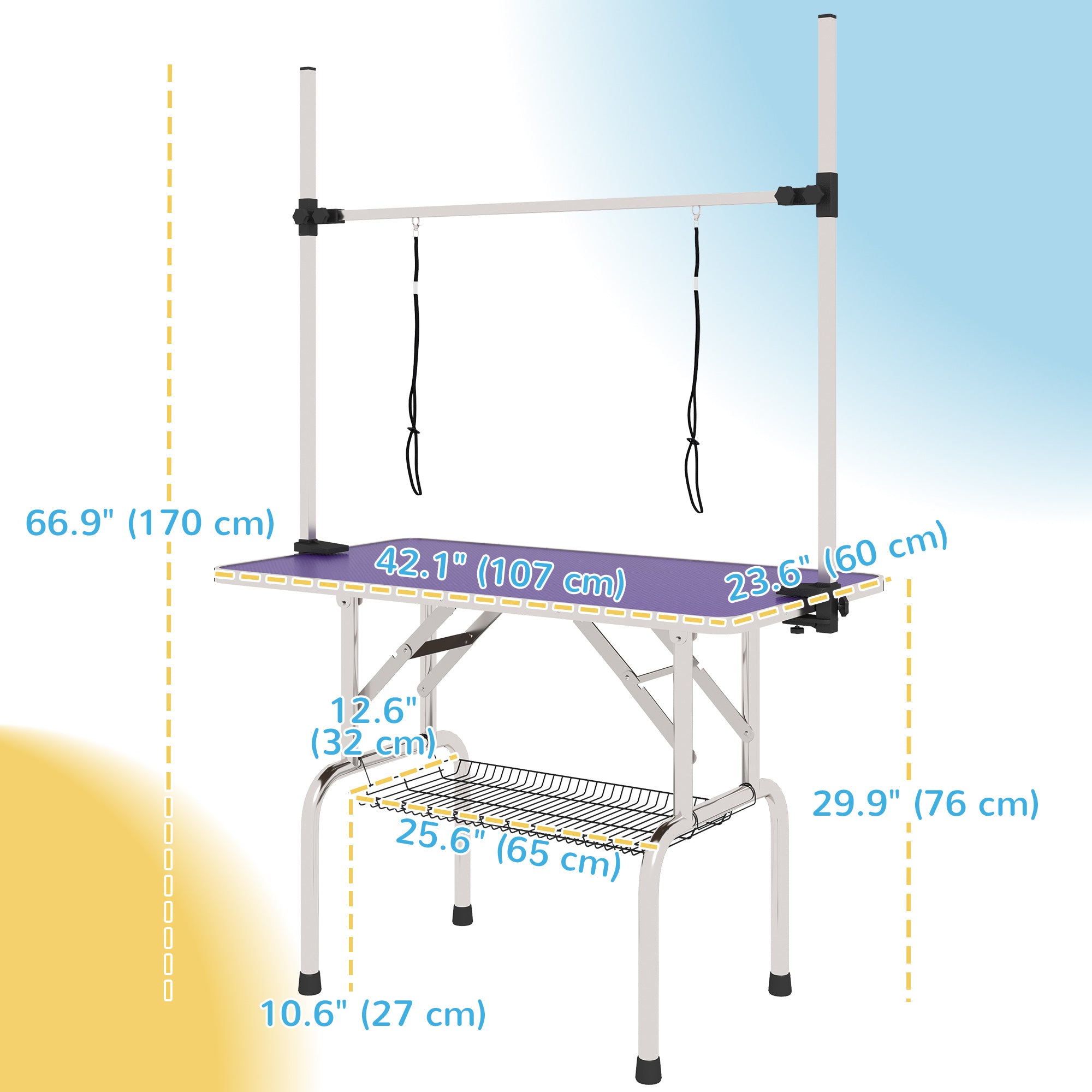 pawhut-table-de-toilettage-pliable-109-cm-bras-r-glable-violet image 5