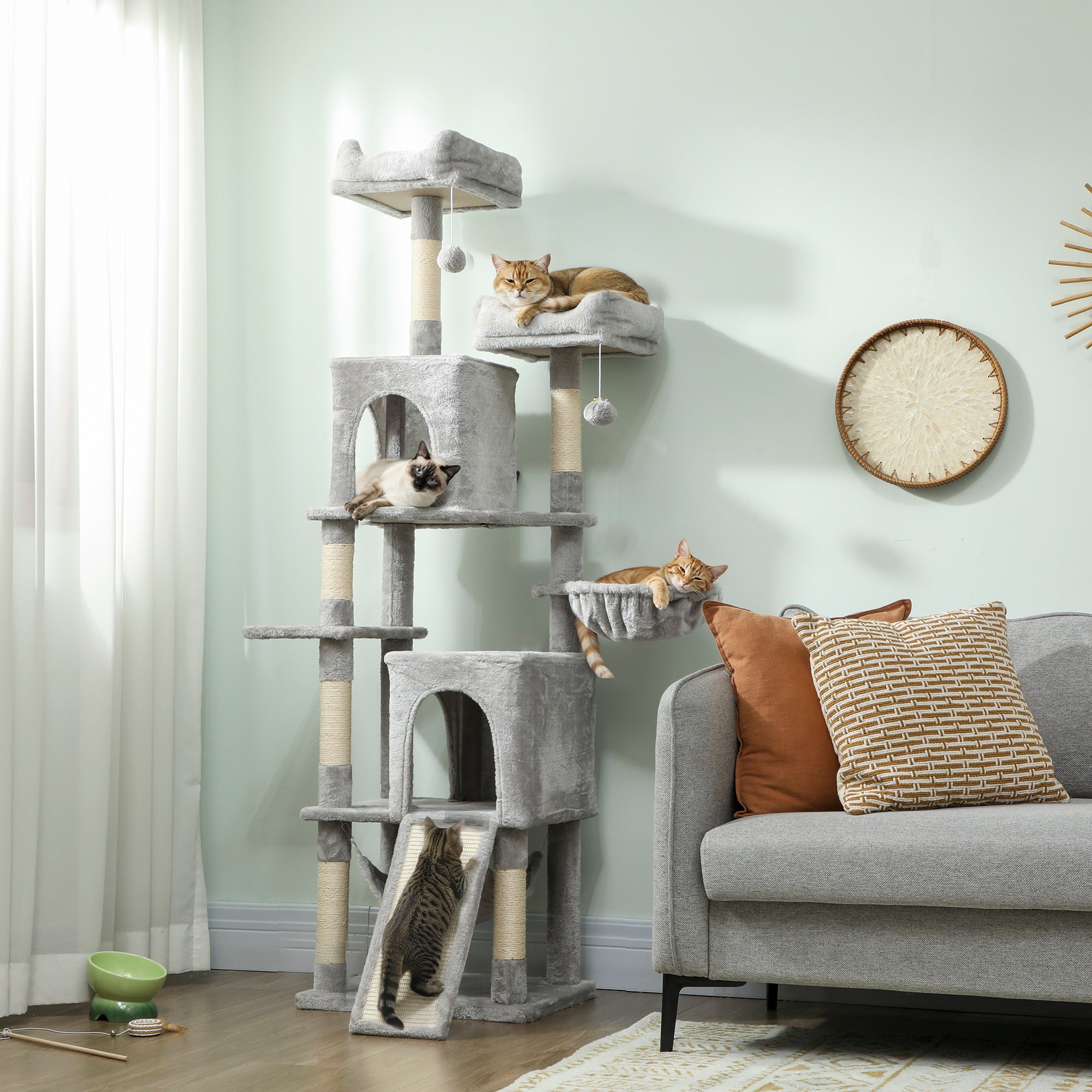 pawhut-arbre-chat-177-cm-avec-2-niches-2-perchoirs-et-hamac-gris-clair image 3