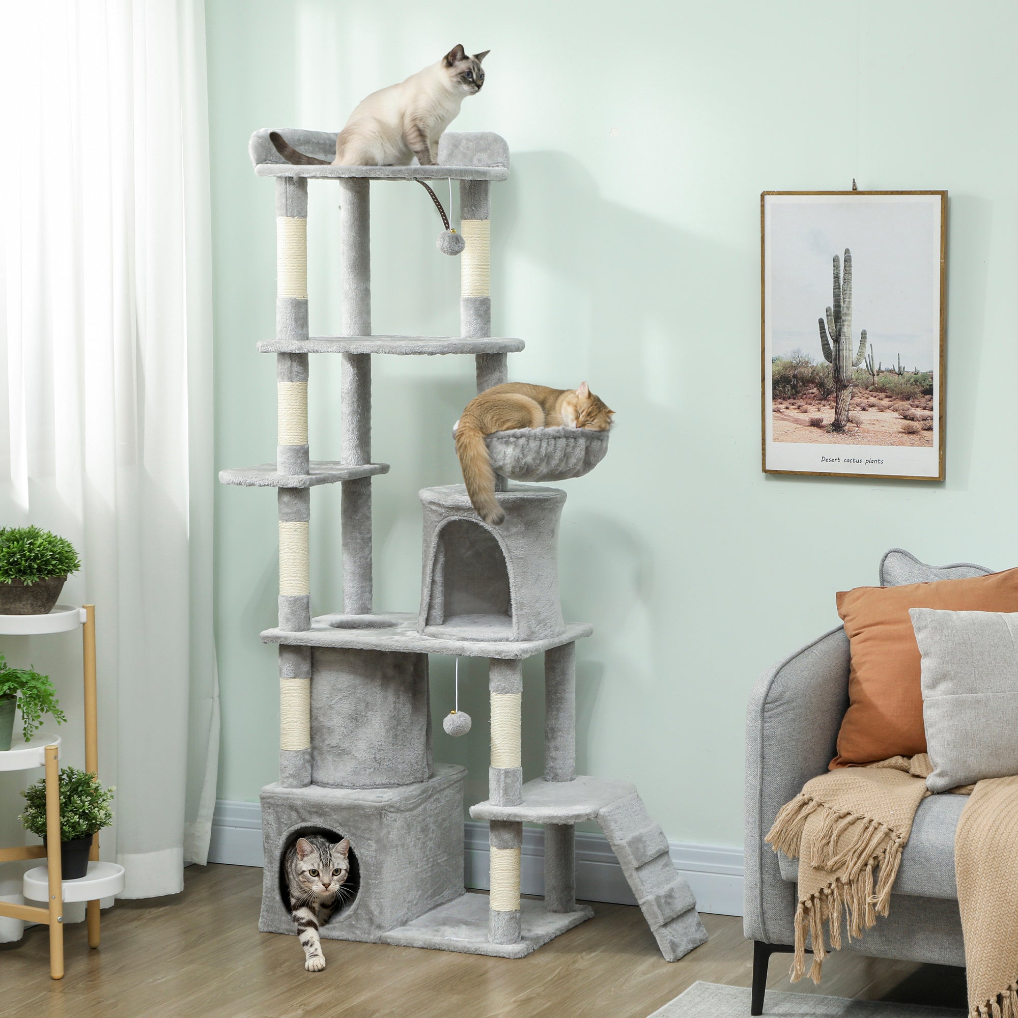 pawhut-grand-arbre-chat-67-7-griffoirs-tunnel-2-niches-hamac-gris-clair image 3