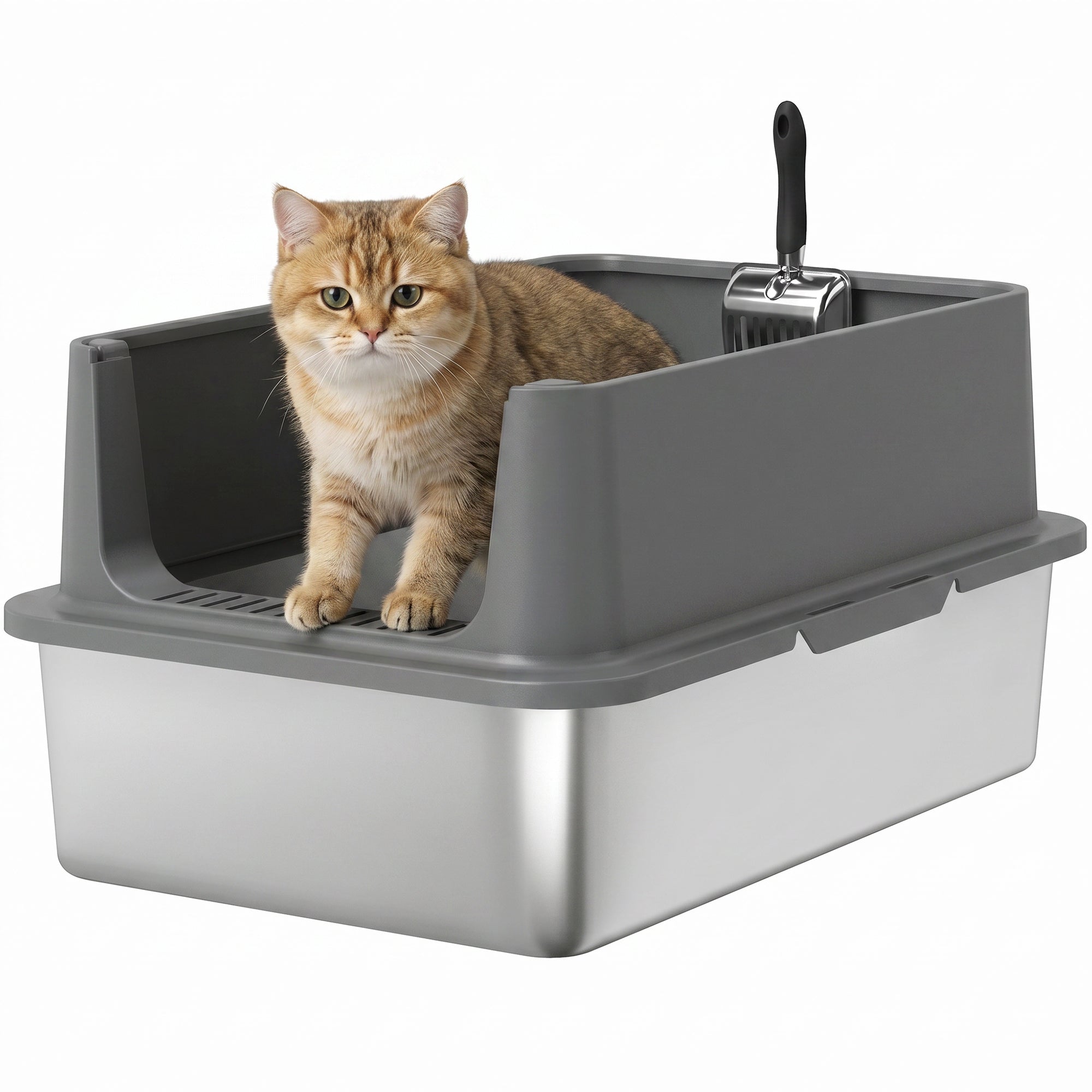 pawhut-bac-liti-re-chat-xl-inox-avec-pelle-et-parois-hautes-gris-fonc image 1