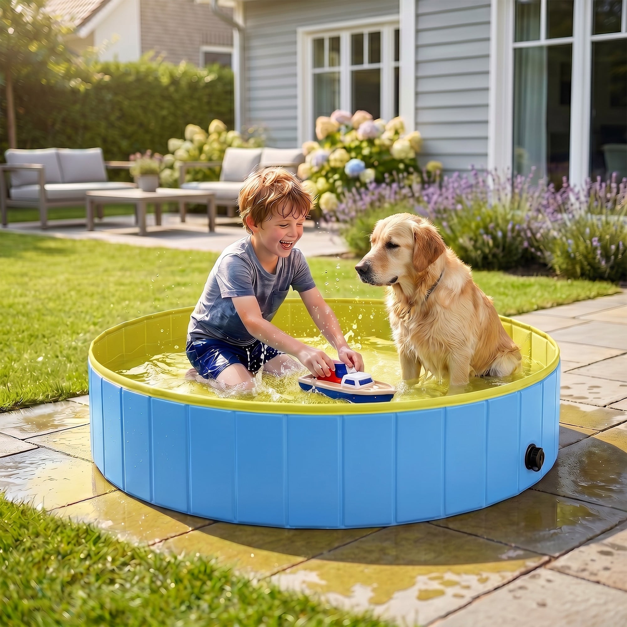 pawhut-piscine-chien-pliable-140-x-30-cm-bleu-et-jaune-avec-base-pvc image 4