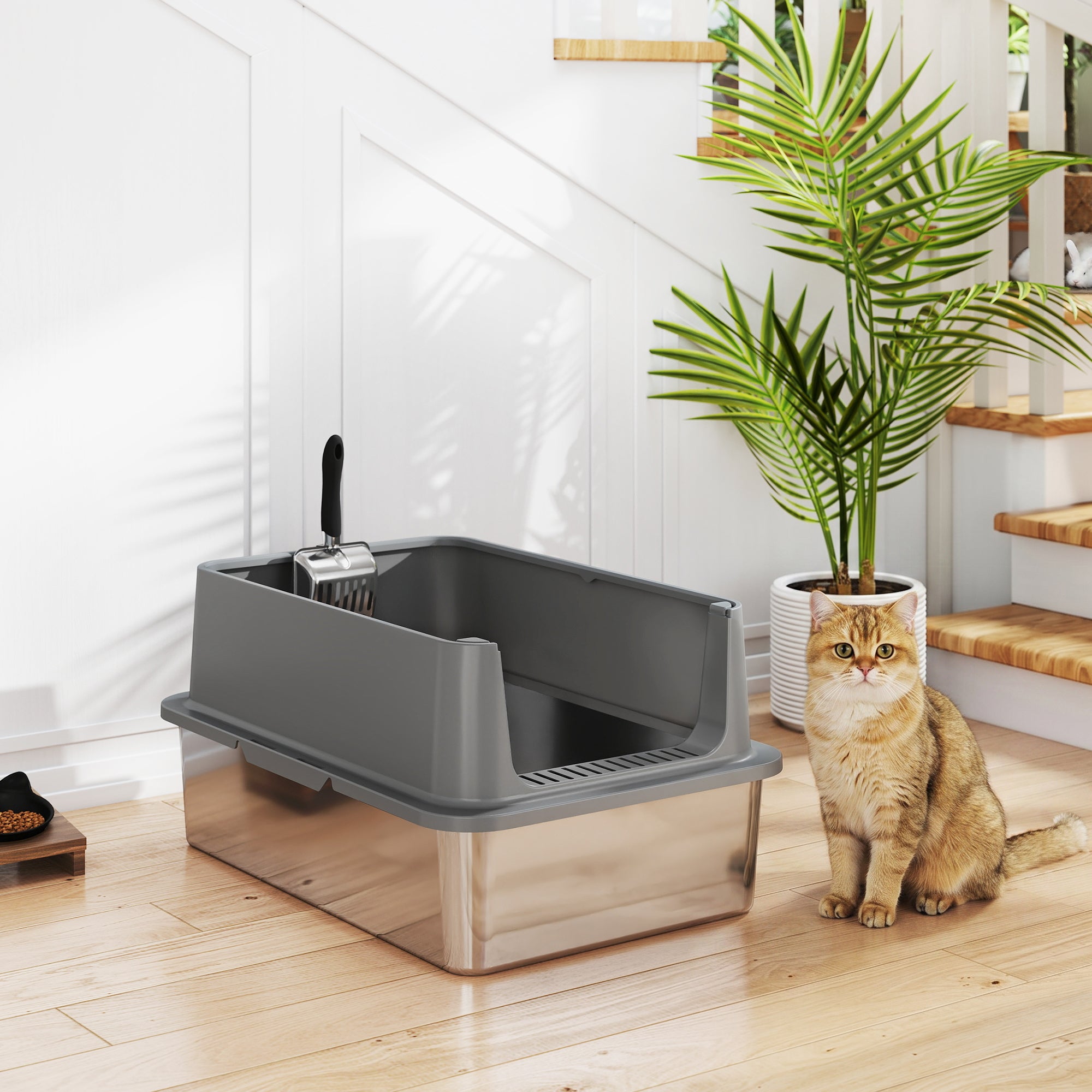 pawhut-bac-liti-re-chat-xl-inox-avec-pelle-et-parois-hautes-gris-fonc image 4