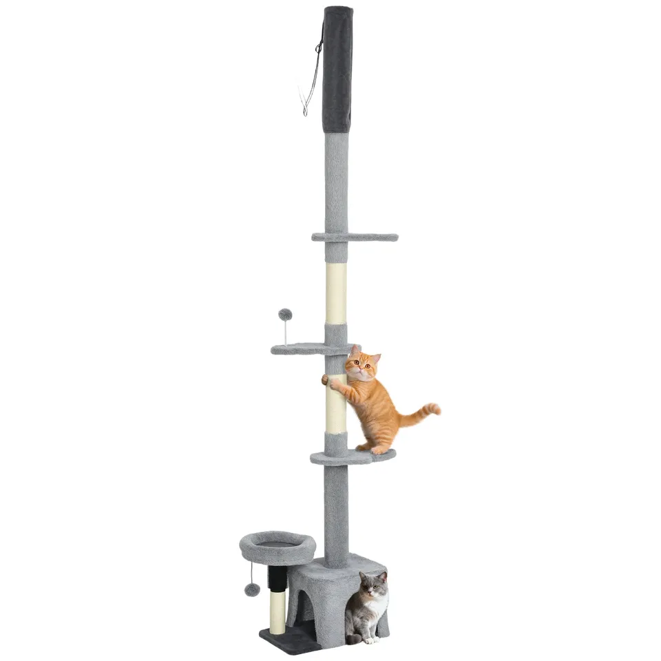 pawhut-arbre-chat-sol-plafond-hauteur-r-glable-avec-niche-gris-225-255-cm image 1