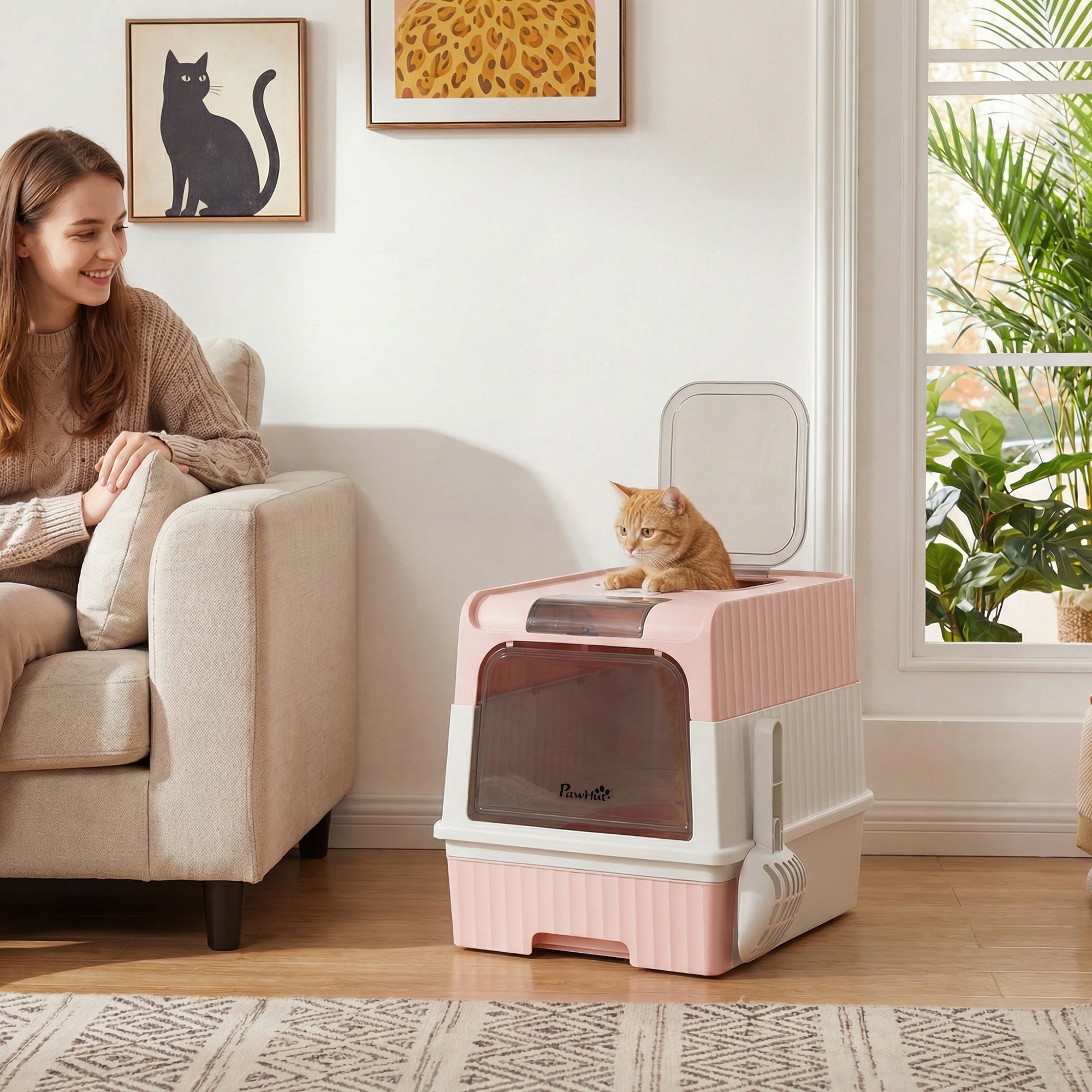 pawhut-bac-liti-re-ferm-pour-chat-avec-capot-sortie-dessus-tiroir-et-pelle-rose image 3