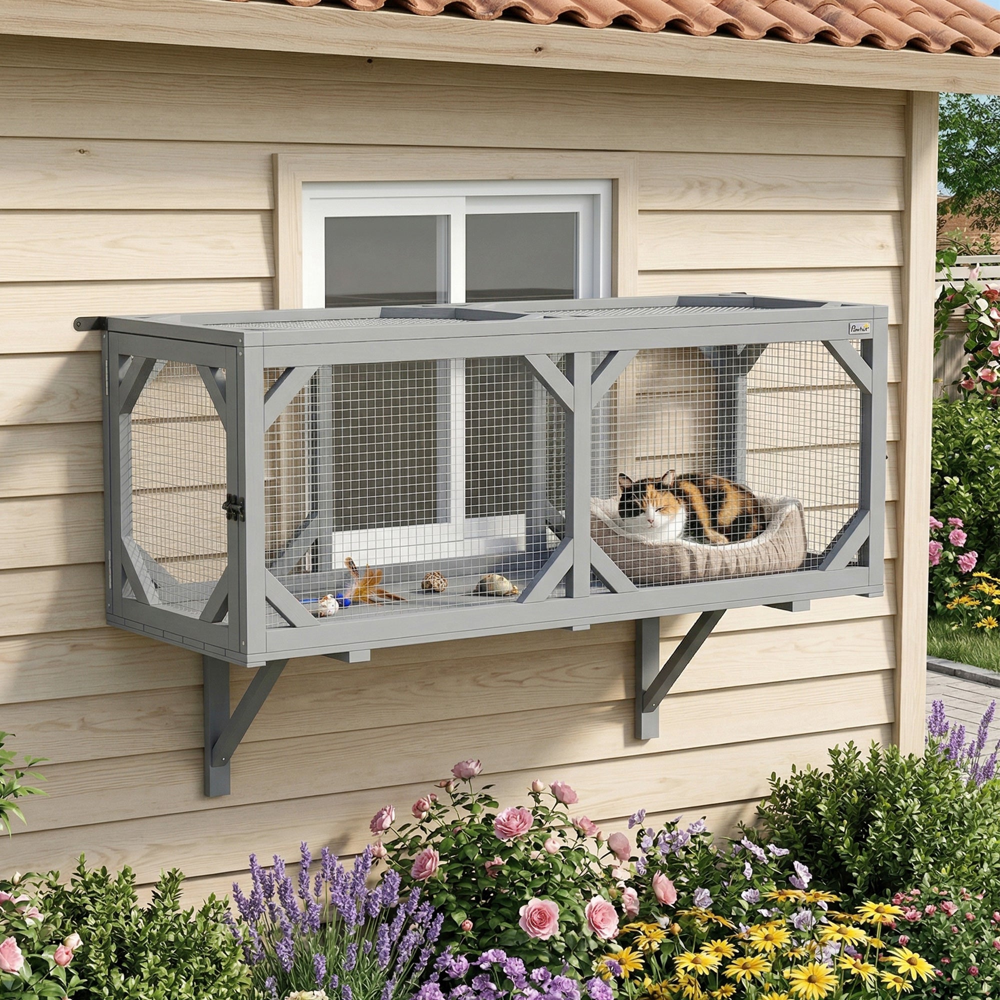 pawhut-tunnel-chat-mural-catio-bois-2-portes-extensible-gris image 4