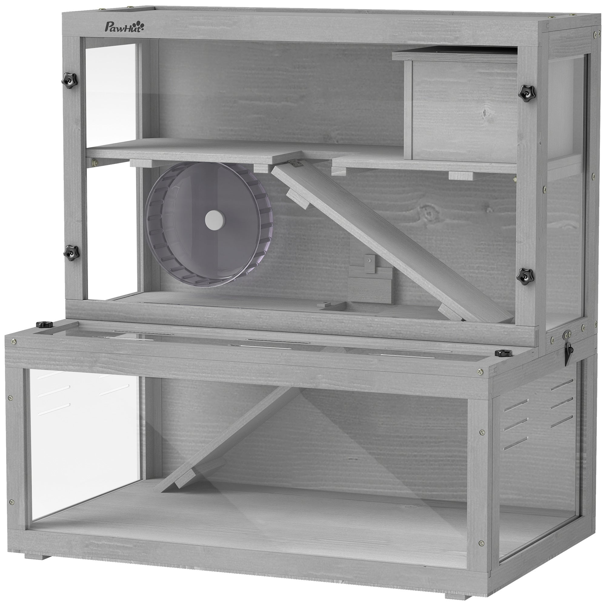 pawhut-cage-hamster-3-niveaux-en-bois-de-sapin-avec-panneau-transparent-gris image 2