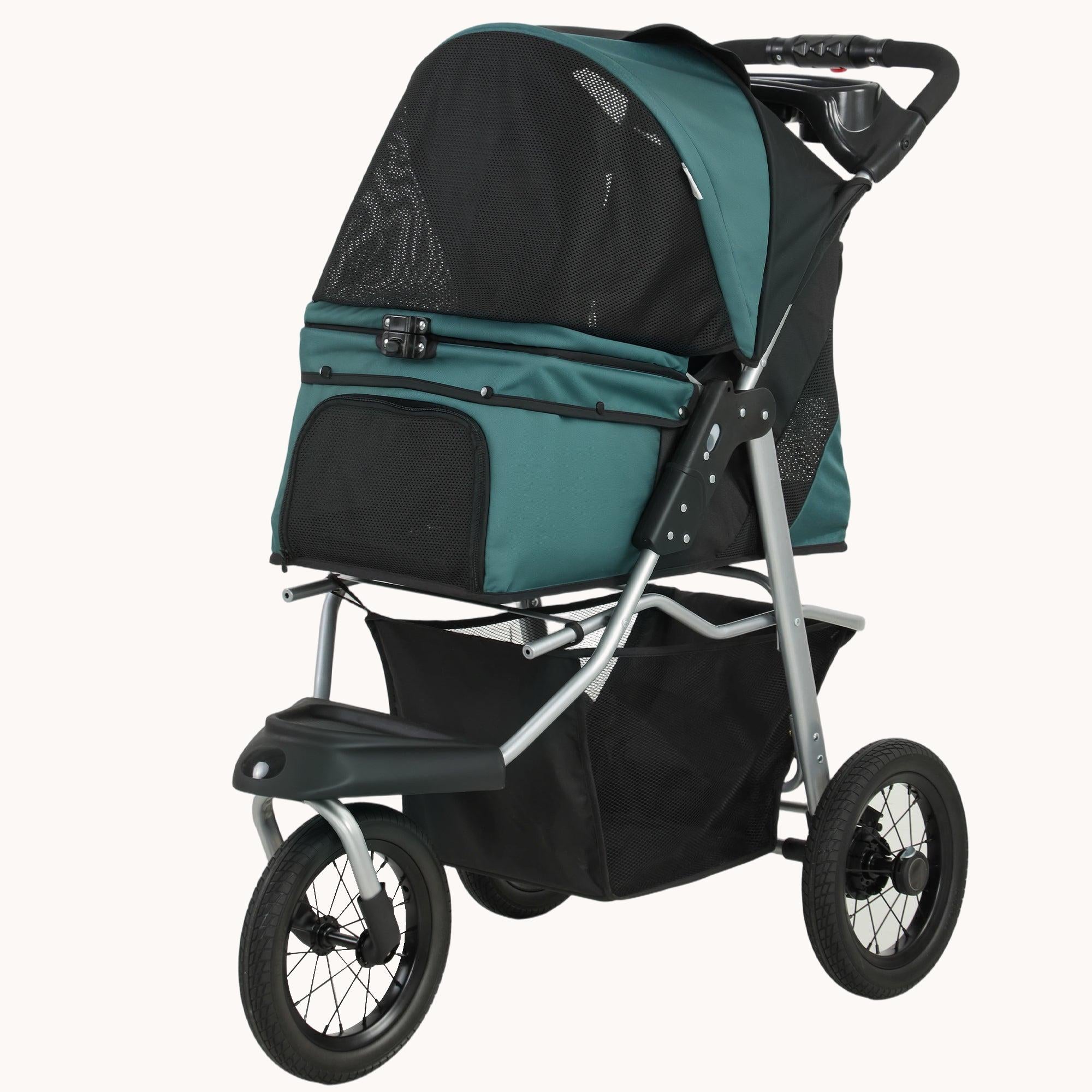 pawhut-poussette-chien-3-roues-pliable-vert-fonc-12-jusqu-10-kg-avec-fen-tre-mes image 2