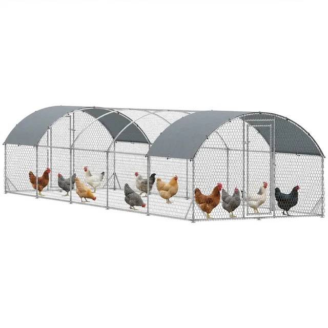 pawhut-grand-enclos-poules-galvanis-toit-d-me-avec-b-che-9-2-x-31-2-x-6-4-argent image 1