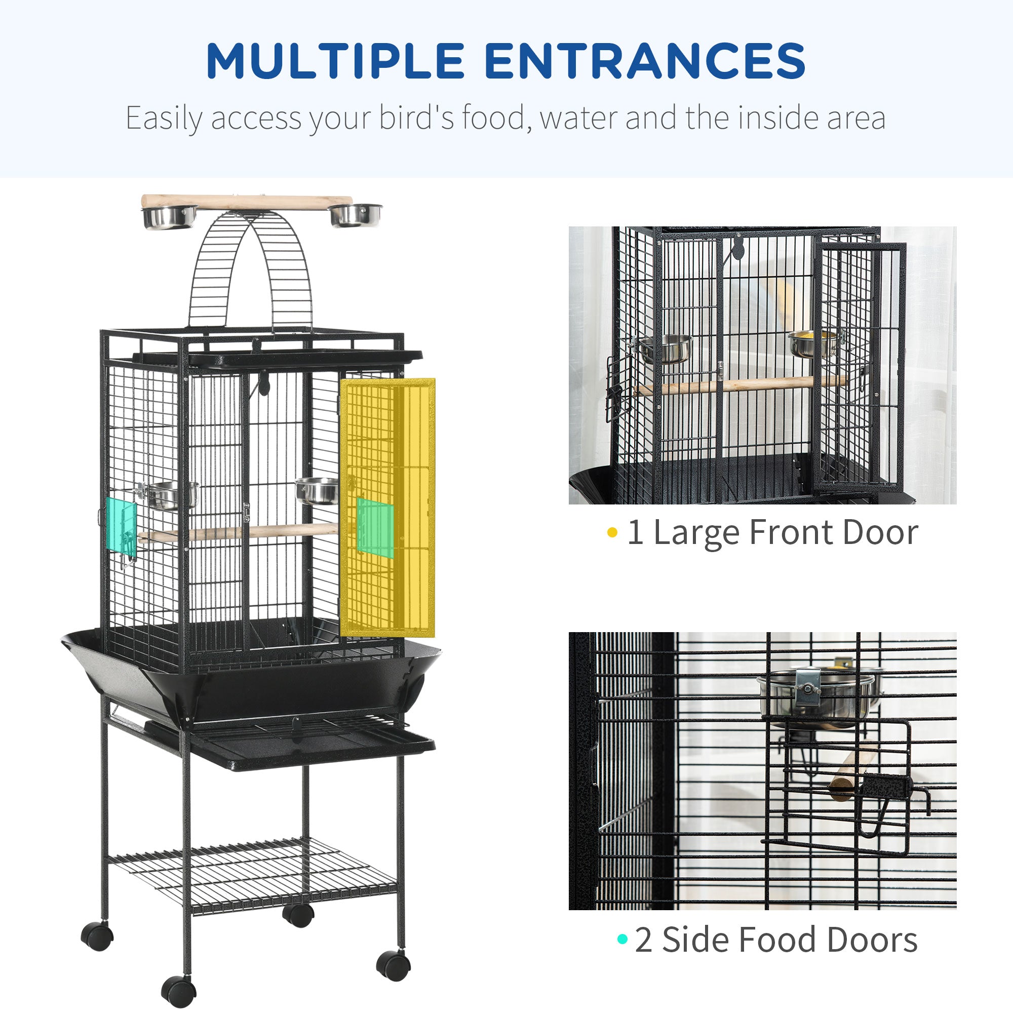 pawhut-cage-voli-re-156-cm-avec-toit-de-jeu-bacs-faciles-et-roulettes image 8