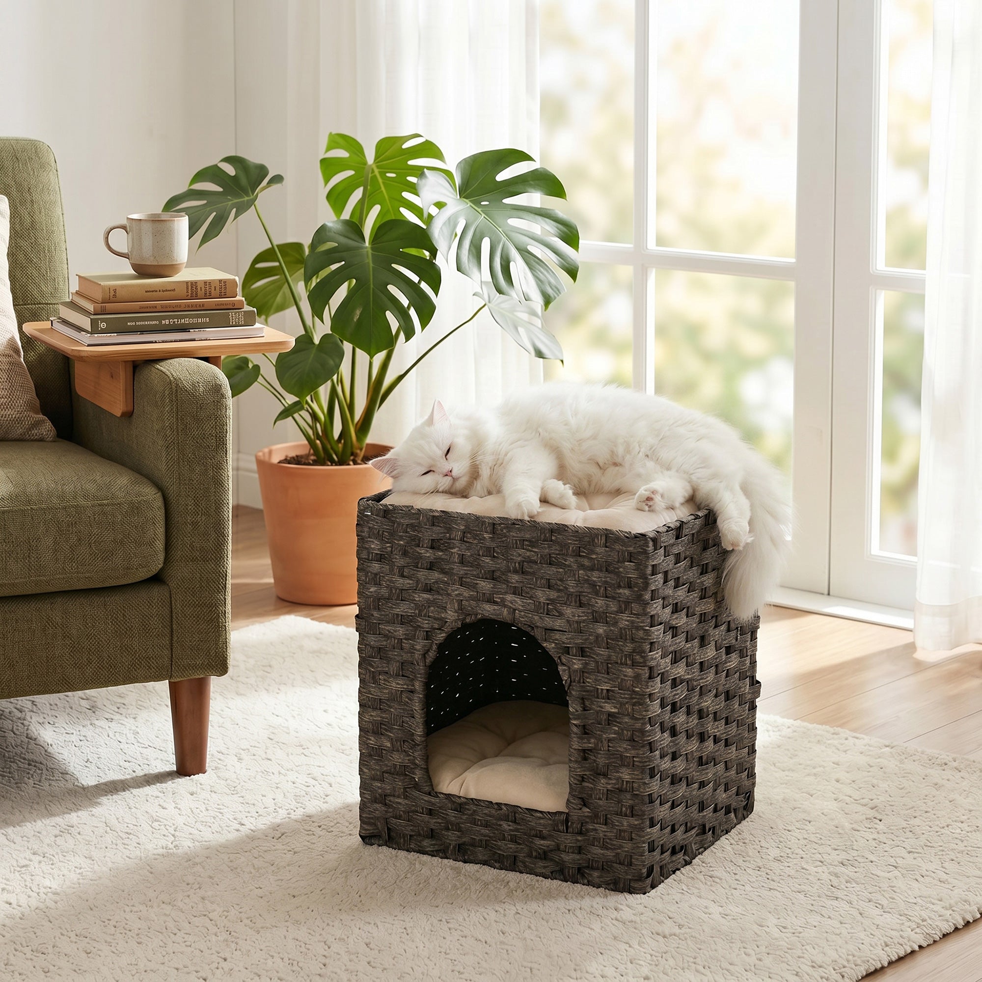 pawhut-maison-pour-chat-rotin-2-niveaux-43x40x49-cm-avec-coussins-grise image 4