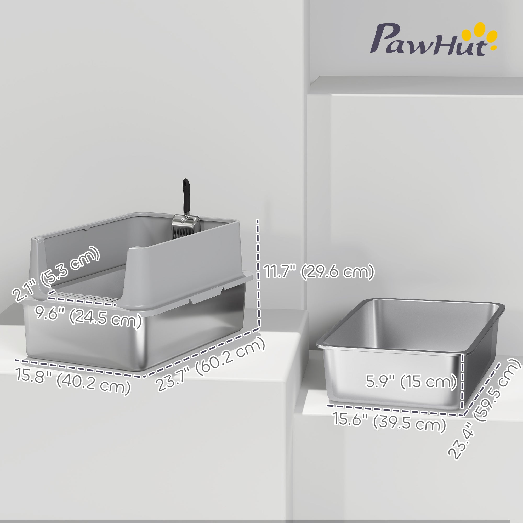 pawhut-bac-liti-re-chat-xl-inox-avec-pelle-gris-60x40x30-cm image 5