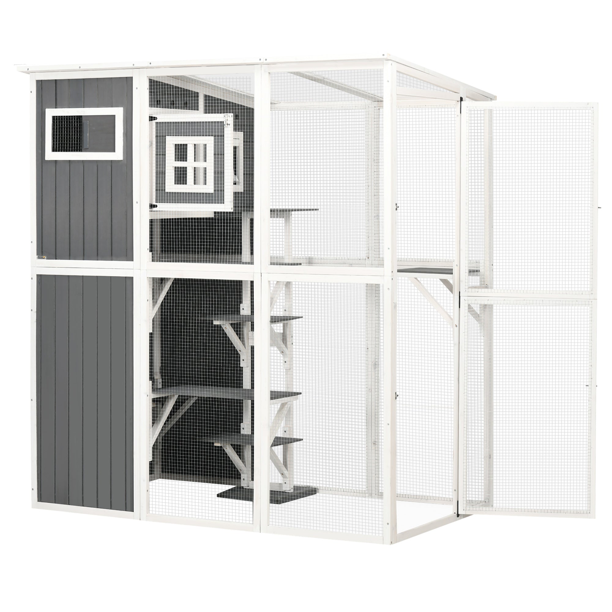 pawhut-catio-en-bois-walk-in-66-5-pouces-avec-condo-plateformes-et-toit-pvc-gris image 2