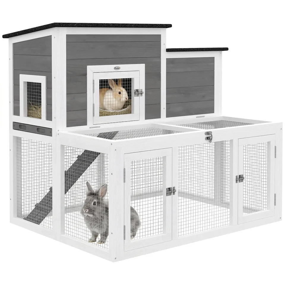 pawhut-clapier-lapin-bois-2-tages-97-x-75-5-x-90-cm-gris image 1