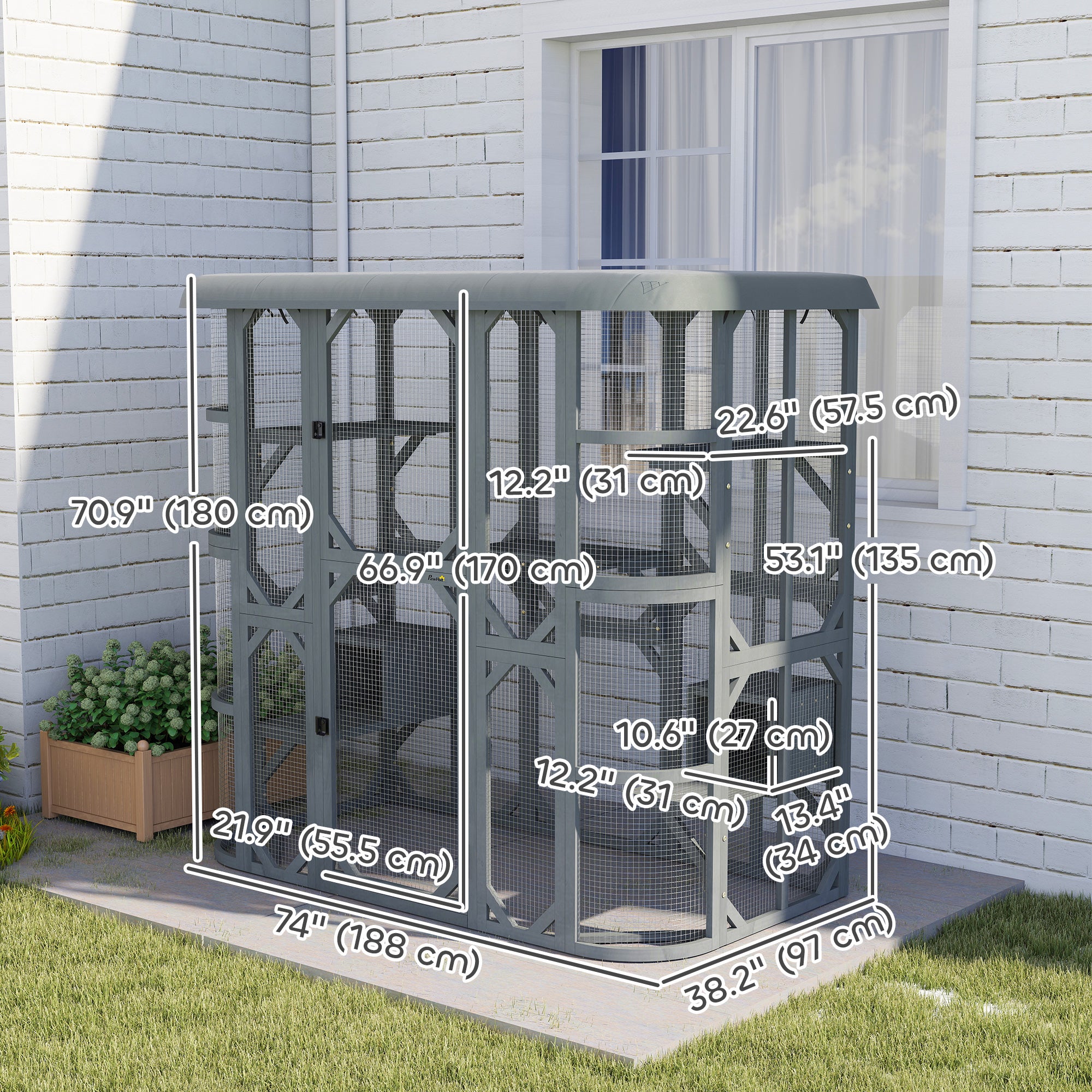 pawhut-catio-enclos-ext-rieur-chat-gris-walk-in-avec-2-niches-5-plateformes-et-h image 5