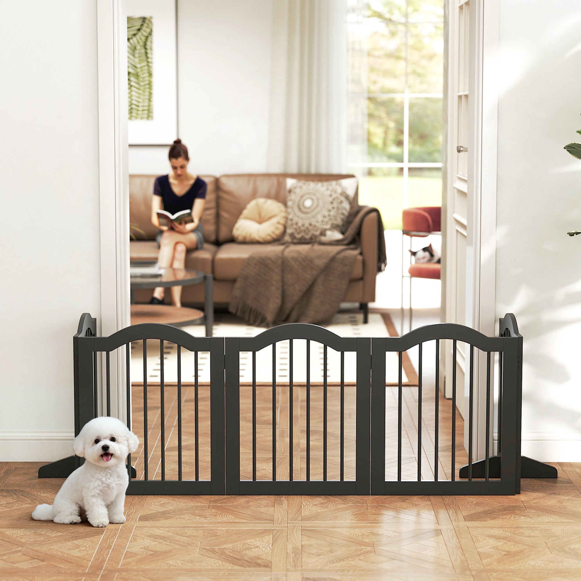 pawhut-barri-re-chien-5-panneaux-bois-pliable-autoportante-261-5-cm-noir image 3