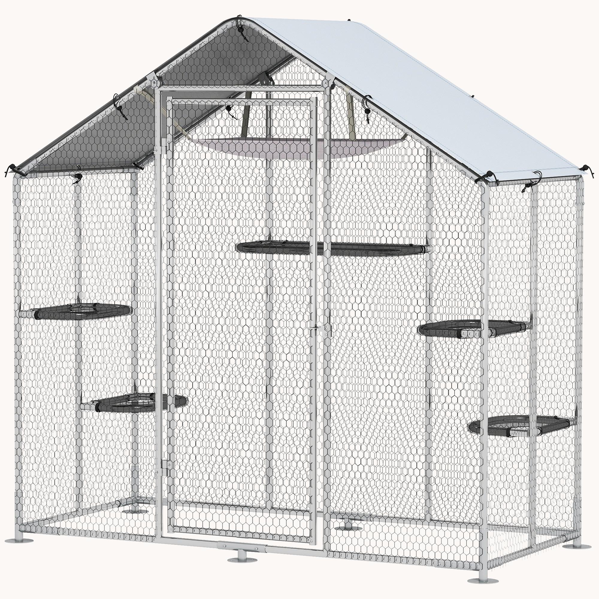 pawhut-catio-enclos-chat-walk-in-m-tal-77-avec-5-plateformes-et-hamac-argent image 2