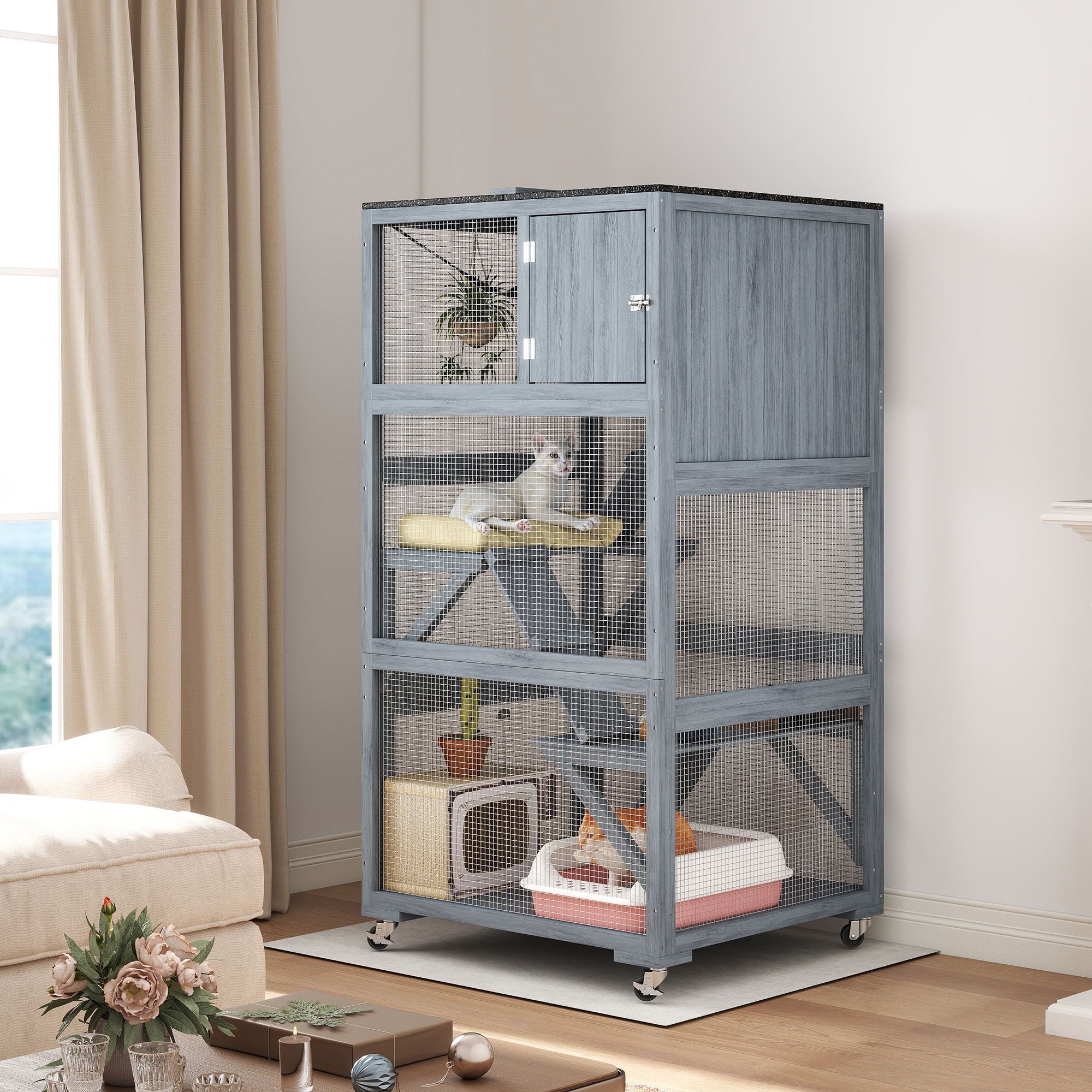 pawhut-catio-ext-rieur-sur-roulettes-66-avec-condo-hamac-et-plateformes-gris image 4