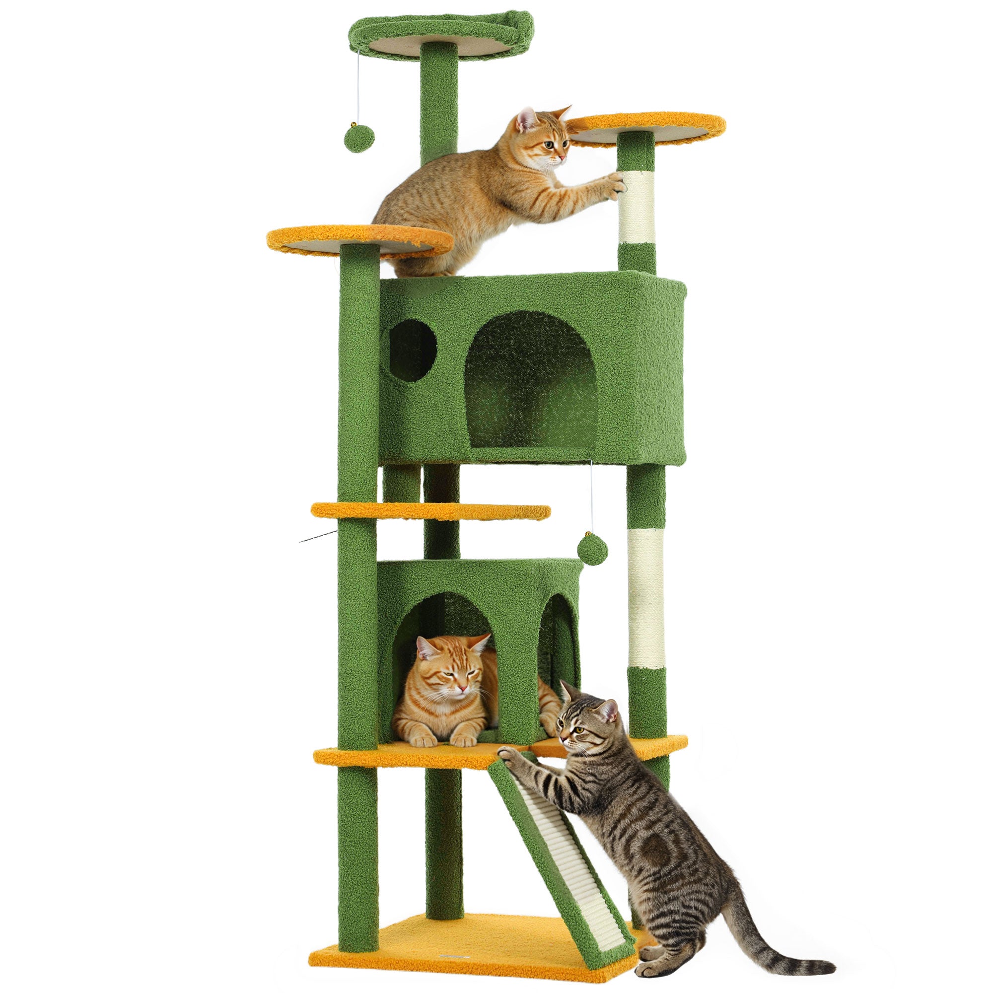 pawhut-arbre-chat-63-pouces-vert-avec-2-niches-lit-rampe-et-griffoirs image 1