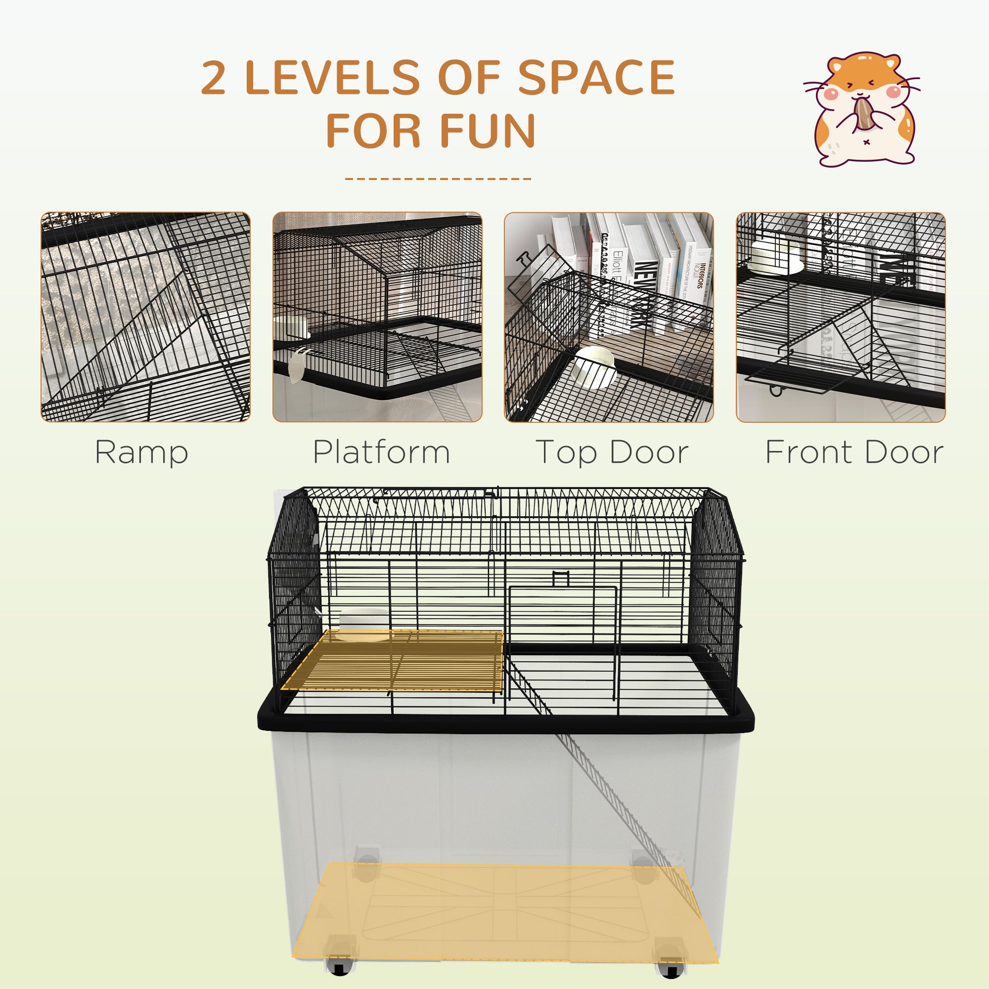 pawhut-cage-hamster-tages-avec-base-profonde-plateforme-rampe-et-roulettes-noire image 6