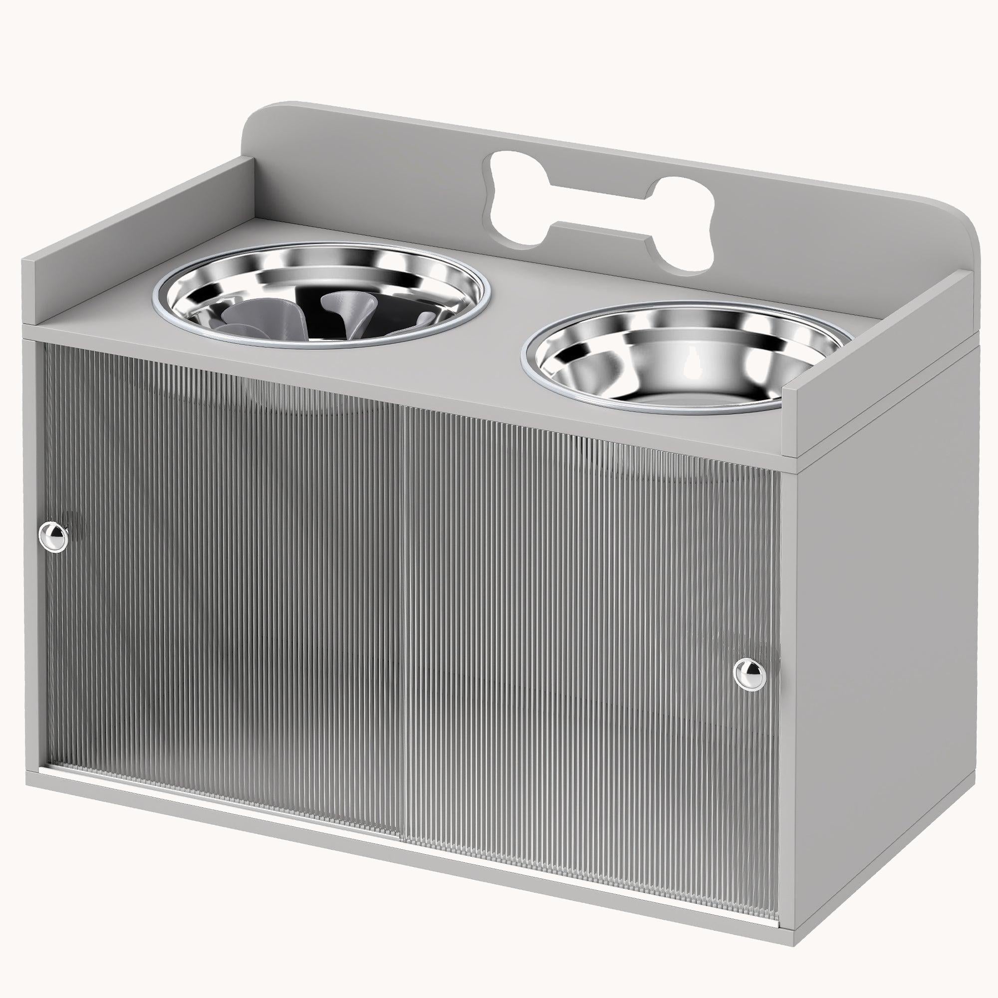 pawhut-station-d-alimentation-sur-lev-e-grise-2-gamelles-inox-avec-rangement image 2