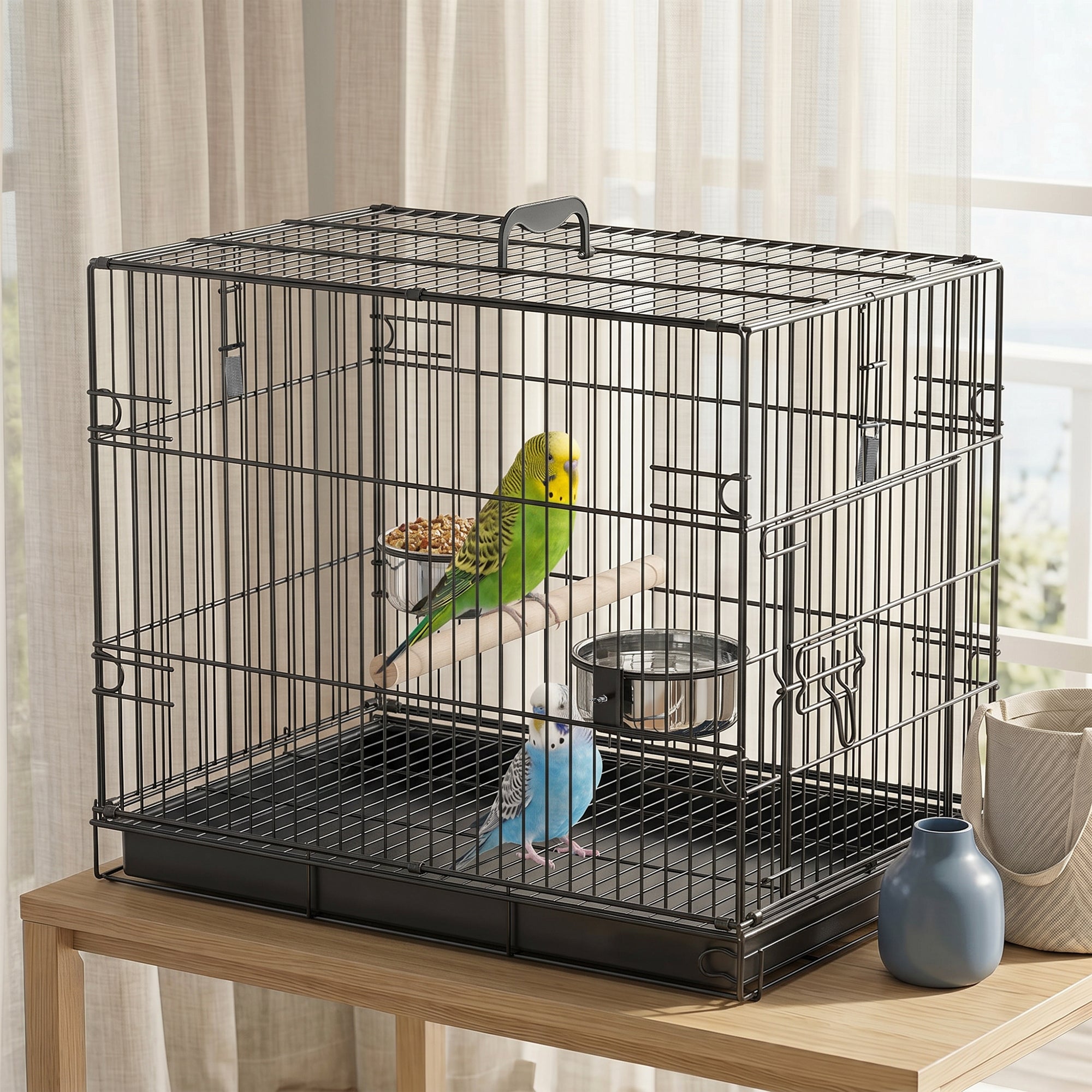 pawhut-cage-de-transport-pour-oiseau-pliable-en-m-tal-noir-perchoir-en-bois-game image 4