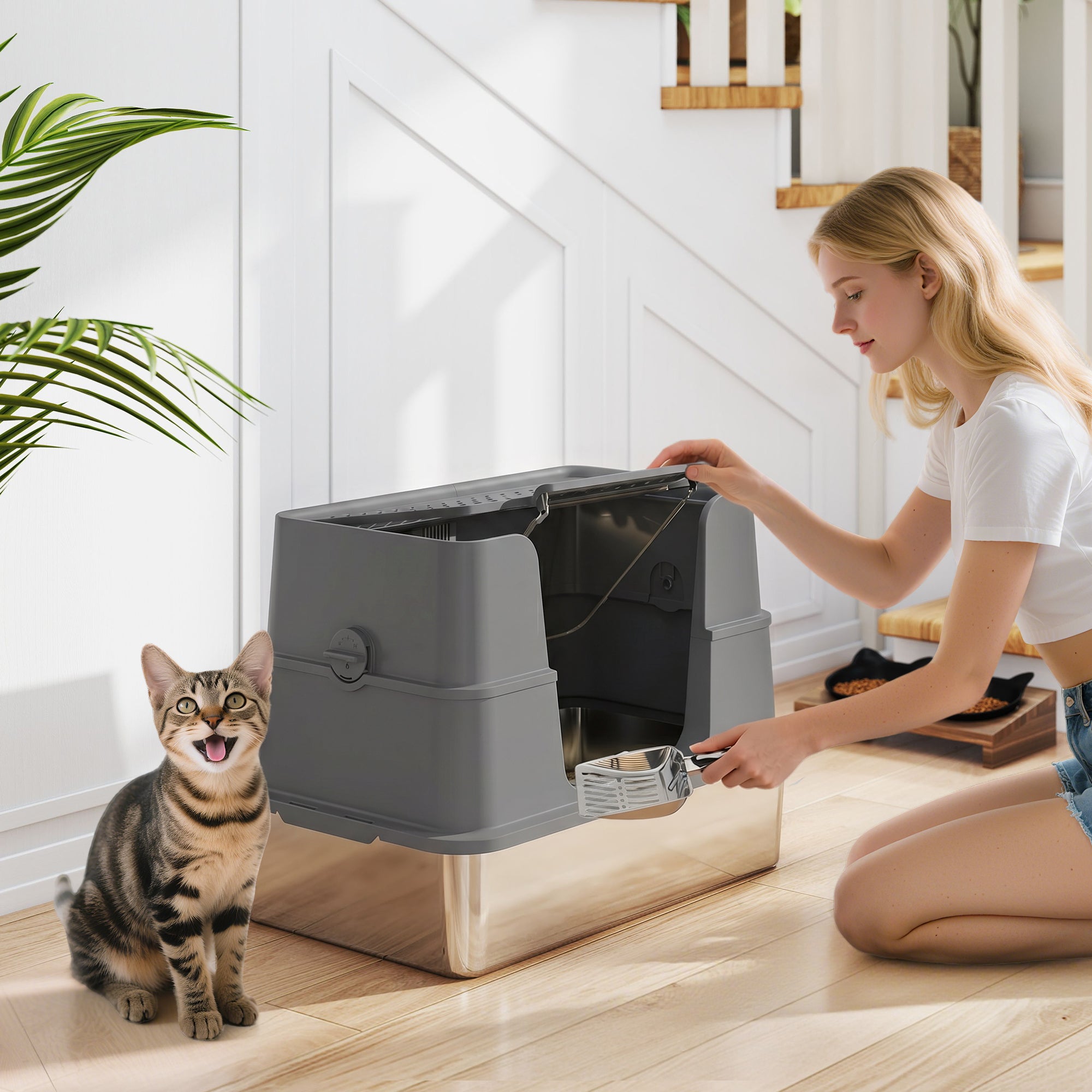 pawhut-liti-re-pour-chat-xl-en-acier-inoxydable-avec-couvercle-rabattable-100-en image 3