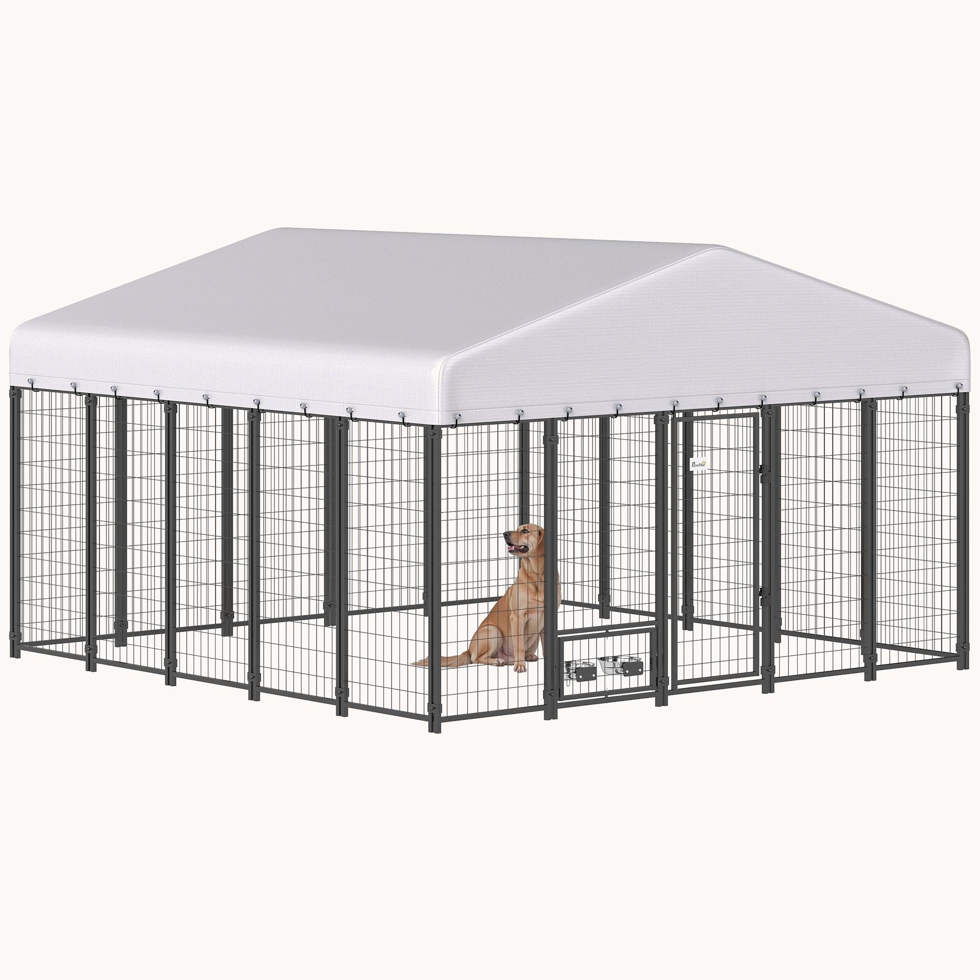 pawhut-chenil-s-curis-pour-chien-9-8-x-9-8-x-6-avec-toit-anti-uv-et-mangeoire-ro image 1