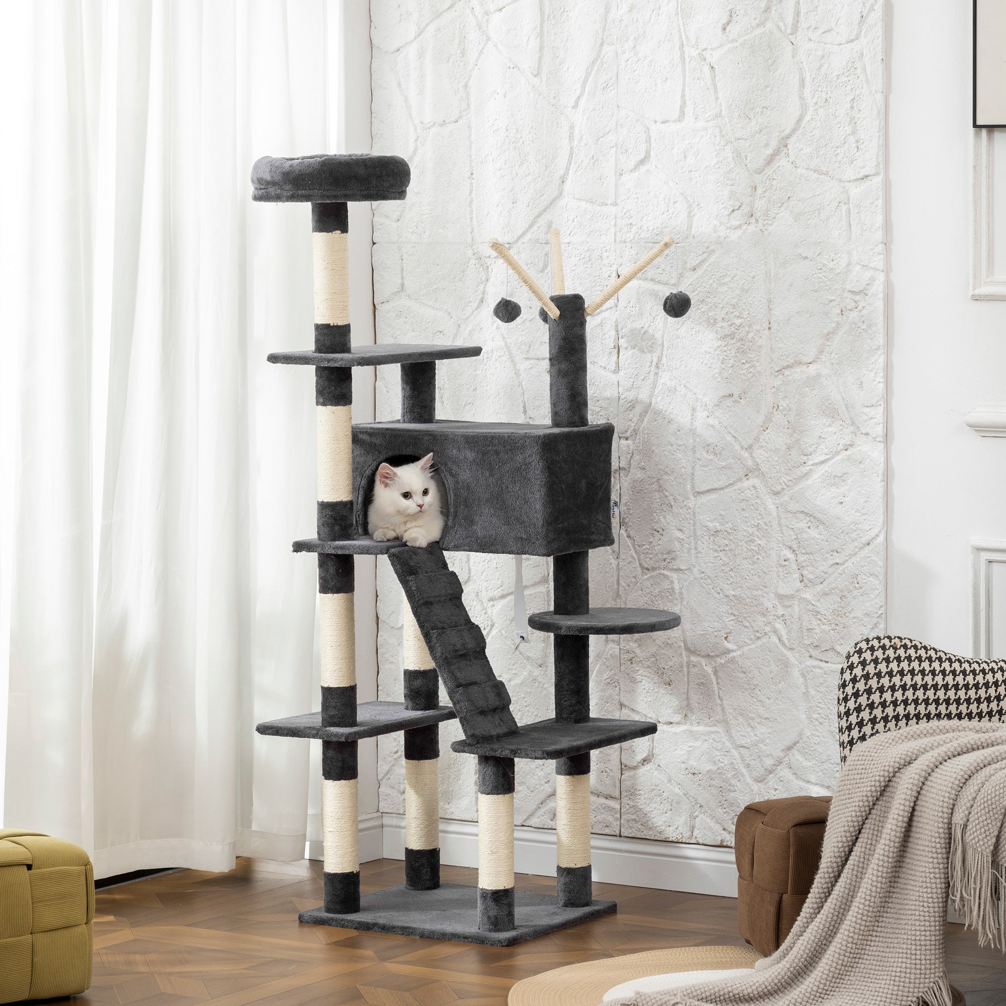 pawhut-arbre-chat-59-multi-niveaux-avec-niche-perchoir-et-chelle-gris-fonc image 4
