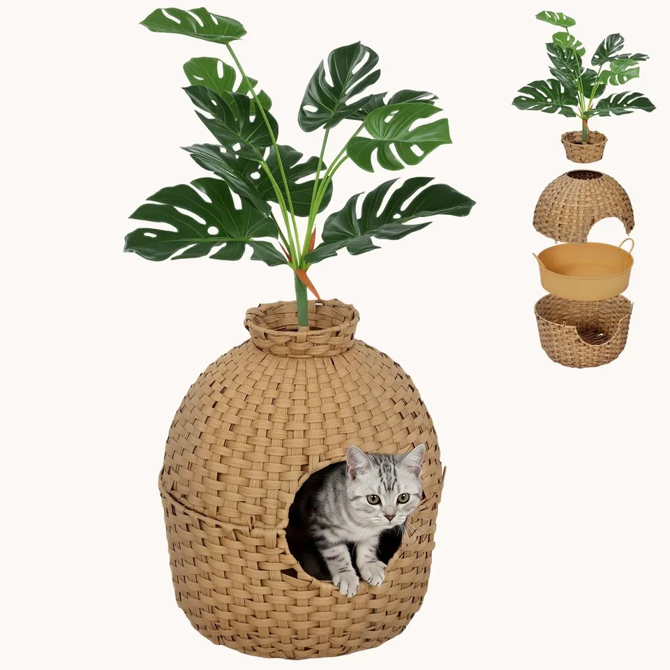 pawhut-meuble-liti-re-chat-cach-e-avec-fausse-plante-et-bac-inox image 1