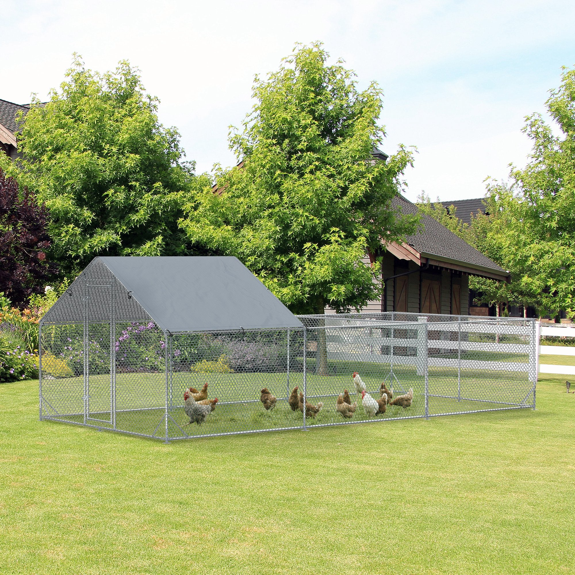 pawhut-grand-enclos-poulailler-walk-in-m-tal-6-m-avec-b-che-uv-argent image 4
