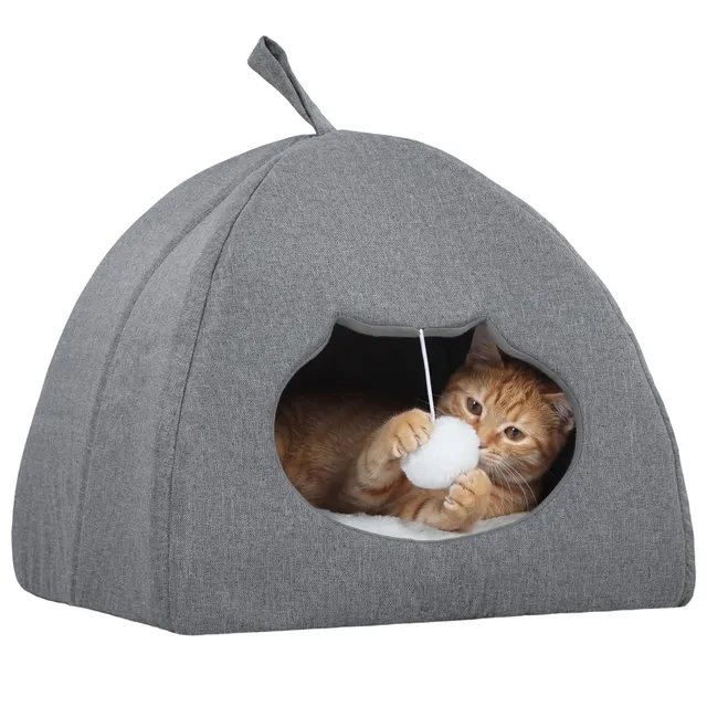 pawhut-grotte-lit-chat-42-x-42-x-39-cm-avec-coussin-r-versible-et-balle-gris image 1