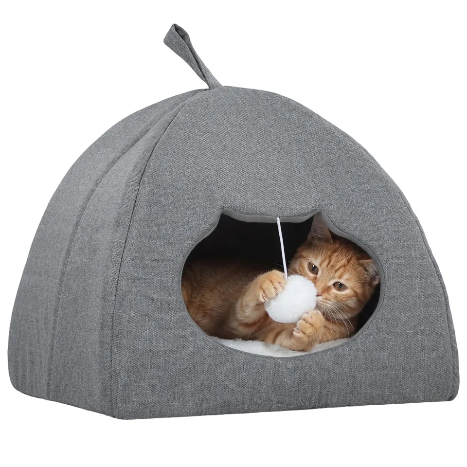 pawhut-grotte-lit-chat-42-x-42-x-39-cm-avec-coussin-r-versible-et-balle-gris image 1